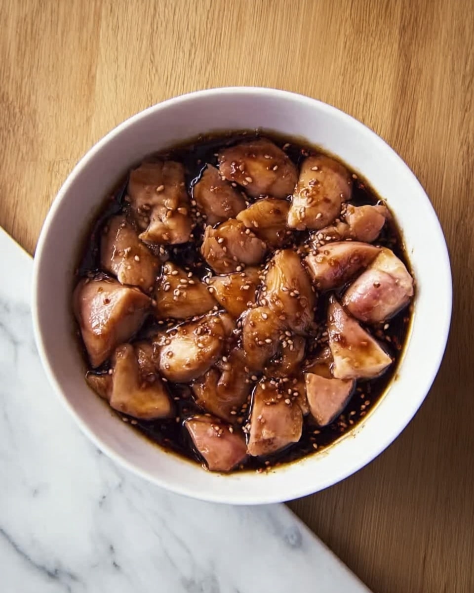 A white bowl filled with pieces of cooked pinkish-brown chicken soaked in a dark, shiny sauce with some seeds visible on the surface. The chicken pieces are arranged closely inside the bowl, showing a moist and tender texture. The bowl sits on a white marbled surface, adding a clean and bright contrast to the rich colors of the dish. photo taken with an iphone --ar 4:5 --v 7