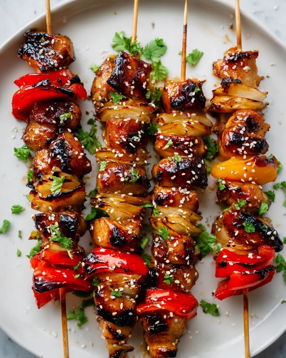 Four wooden skewers lay side by side on a white plate with a white marbled background. Each skewer has four layers of grilled chicken pieces, dark brown with char marks and a shiny glaze, alternating with three alternating layers of bright red bell pepper chunks and light golden onion slices. The dish is topped with small white sesame seeds and bright green cilantro leaves scattered on and around the skewers. photo taken with an iphone --ar 4:5 --v 7