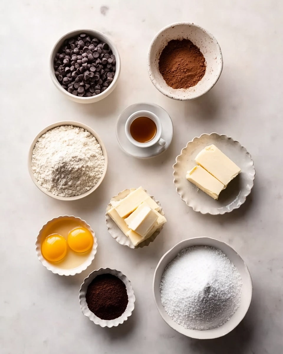 The image shows nine white bowls and plates arranged on a white marbled surface. Starting from the top left, there is a white bowl filled with dark chocolate chips, a small white cup with a brown liquid, and a white bowl with brown cocoa powder. Below, a small white dish holds salt, a fluted white bowl contains white flour, and two white sticks of butter rest directly on the surface to the right. At the bottom left is a white bowl with two yellow egg yolks, next to it is a small white bowl with a dark coffee-like powder, and a white bowl filled with white granulated sugar is on the bottom right. The layout is neat and evenly spaced, with soft, natural light. photo taken with an iphone --ar 4:5 --v 7