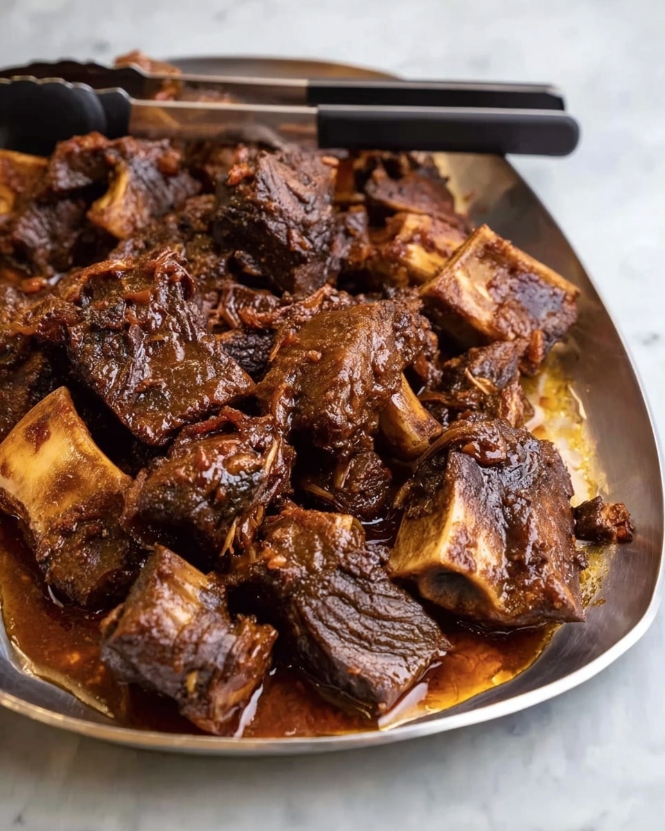 The image shows a metal tray filled with many pieces of dark brown cooked meat, some with bone attached, all glistening with a thick sauce. The pieces are layered unevenly with meat chunks overlapping. There are black tongs resting on the edge of the tray at the top. The tray and meat sit on a white marbled surface. The lighting highlights the glossy, saucy texture of the meat. photo taken with an iphone --ar 4:5 --v 7