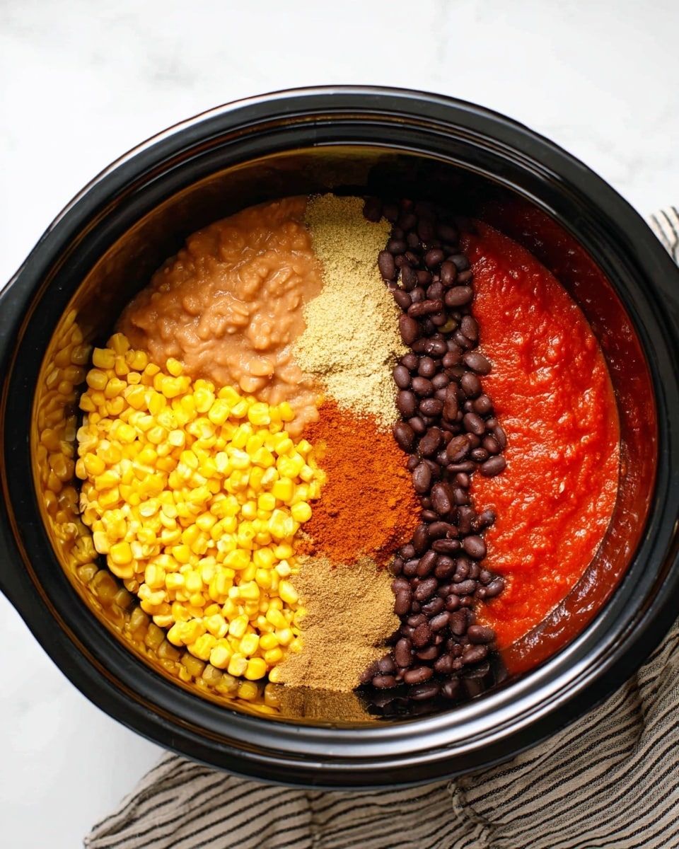 A black slow cooker filled with five distinct layers of ingredients arranged side by side without mixing: bright yellow corn kernels at the bottom left, smooth red tomato sauce with a slightly chunky texture at the bottom right, dark brown shiny black beans at the top right, a fine light brown powder of seasoning at the top middle, and a creamy beige layer of refried beans at the top left. The setting is on a white marbled surface with a striped cloth in the bottom right corner of the image. Photo taken with an iphone --ar 4:5 --v 7