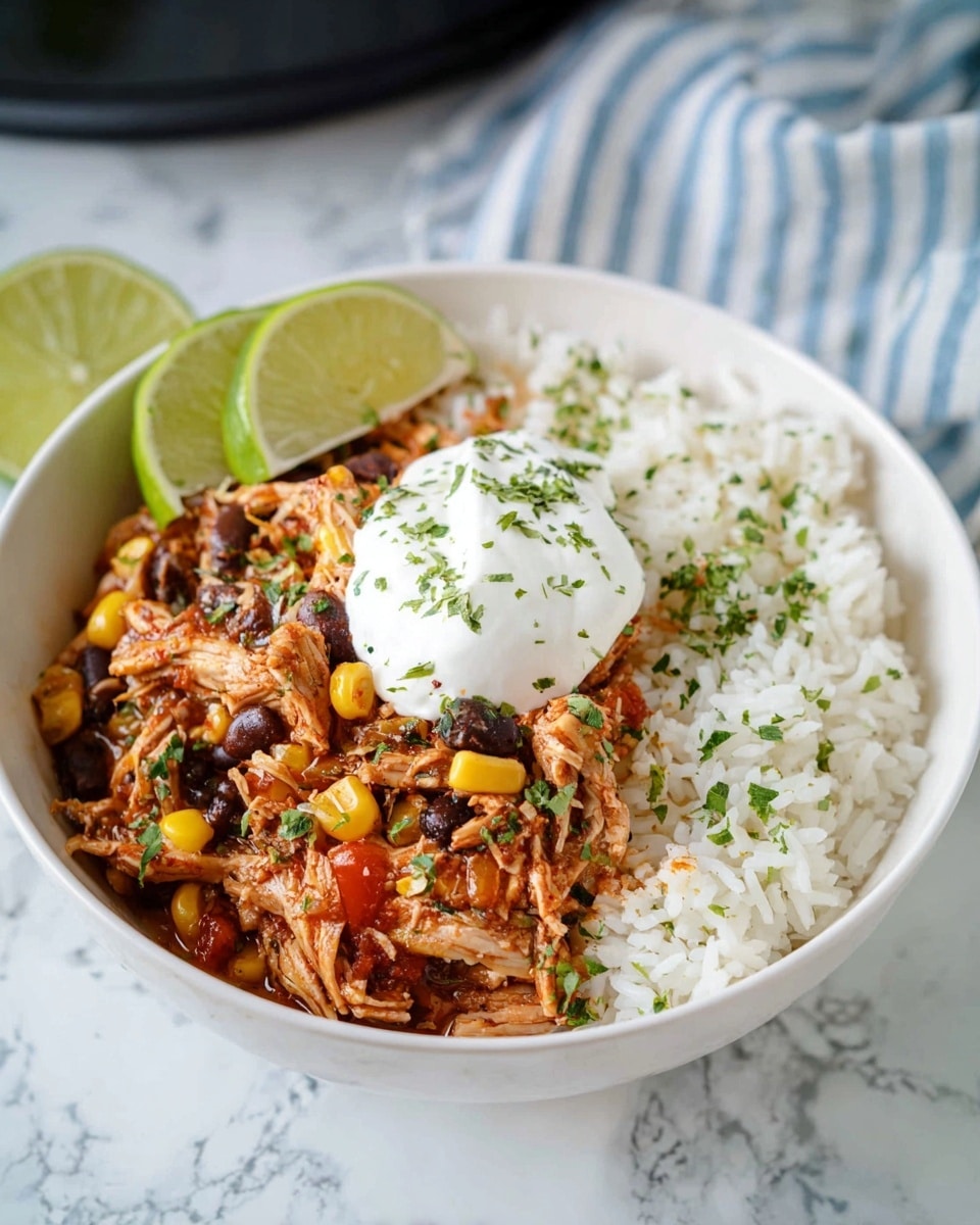 A white bowl contains three layers: the bottom layer is white rice with visible grains, the middle layer is shredded chicken mixed with black beans, corn, and small pieces of tomato, all coated in a reddish sauce, and finely chopped green herbs scattered throughout; the top layer is a dollop of smooth white sour cream placed centrally, with a fresh lime wedge resting on the side of the bowl. The bowl is set on a white marbled surface with a blurred blue and white striped cloth in the background. Photo taken with an iphone --ar 4:5 --v 7