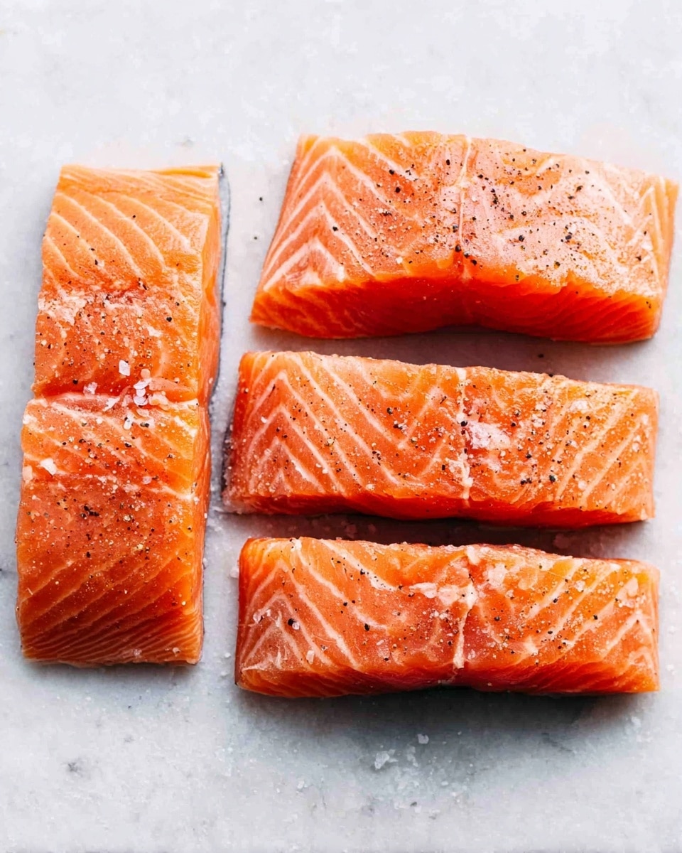 Four rectangular pieces of raw salmon fillet lie side by side on a white marbled texture surface. Each piece is bright orange with visible light pink fat lines and sprinkled lightly with black pepper and coarse salt. The fillets have a glossy, fresh look with a soft, slightly wet texture. The pieces are placed in a neat row, showing their thick, even cuts from top to bottom. Photo taken with an iphone --ar 4:5 --v 7