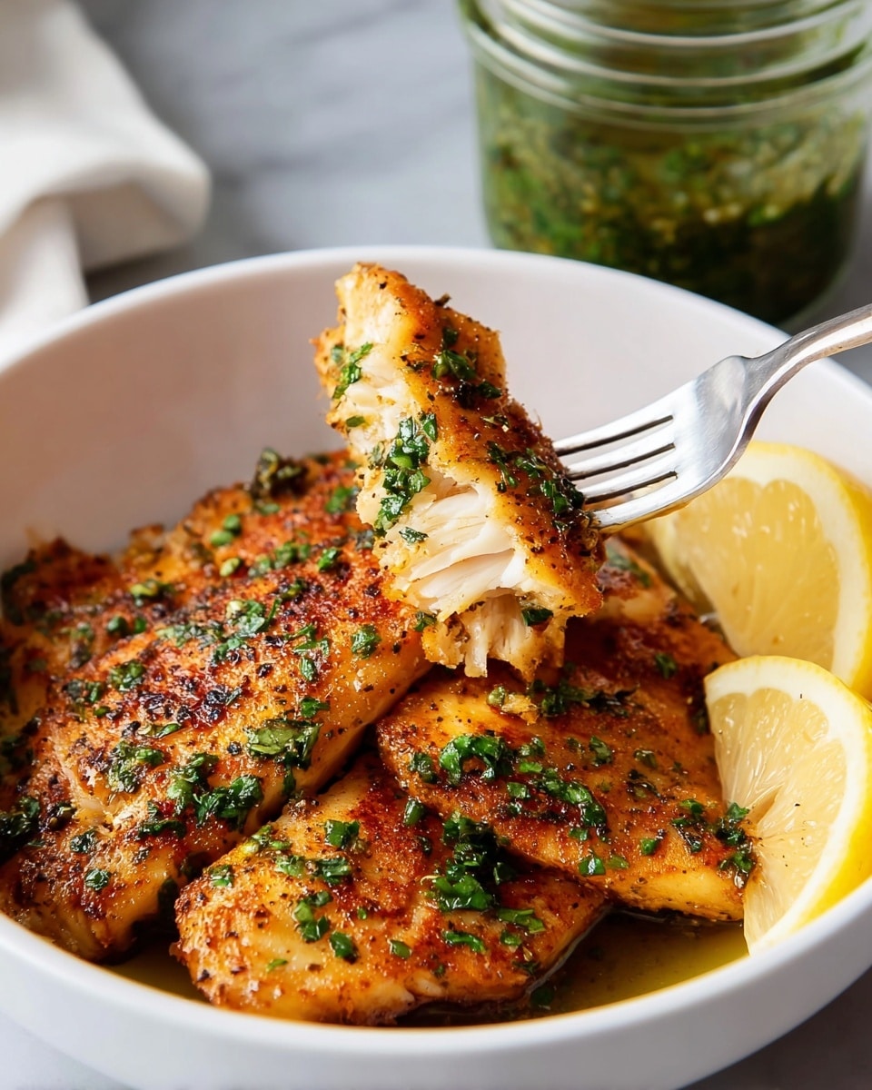 A white bowl filled with three pieces of golden-brown seasoned fish fillets that have a slightly crispy texture and are sprinkled with chopped green herbs. On the side, there are two thick lemon wedges placed at the edge of the bowl. A fork is lifting a piece of the fish, showing the white flaky inside. In the background, there is a glass jar with green sauce and a soft white marbled surface underneath. Photo taken with an iphone --ar 4:5 --v 7