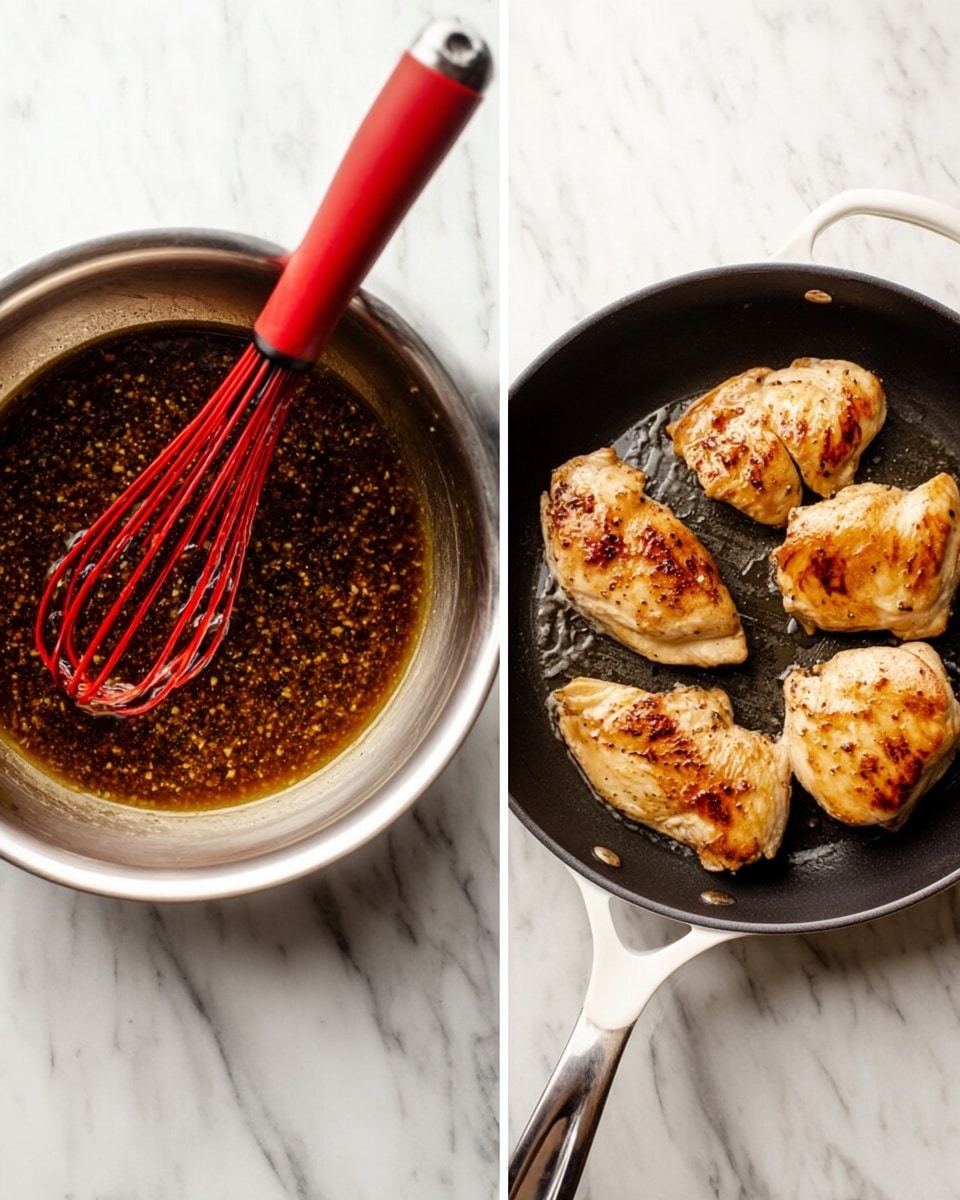 The image shows two side-by-side pictures on a white marbled surface. On the left, a silver metal bowl contains a dark brown sauce with small light bits mixed in, and a red whisk with a black handle resting inside. On the right, there is a white skillet with a black interior holding four cooked chicken pieces, each golden brown with light char marks and a smooth texture. The skillet handle points to the left and the chicken pieces are spaced out evenly inside. Photo taken with an iphone --ar 4:5 --v 7