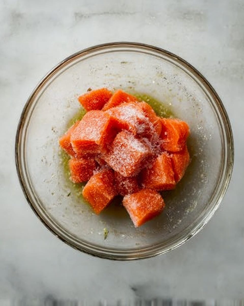 A clear glass bowl sits on a white marbled texture surface, filled with chunks of bright orange salmon placed in the center. The salmon pieces are dusted lightly with a white powder, possibly salt or sugar, giving a fine slightly grainy texture on top. The bowl shows a bit of a greenish-yellow liquid, likely oil, around the salmon pieces. The overall focus is on the fresh salmon chunks inside the transparent bowl. photo taken with an iphone --ar 4:5 --v 7