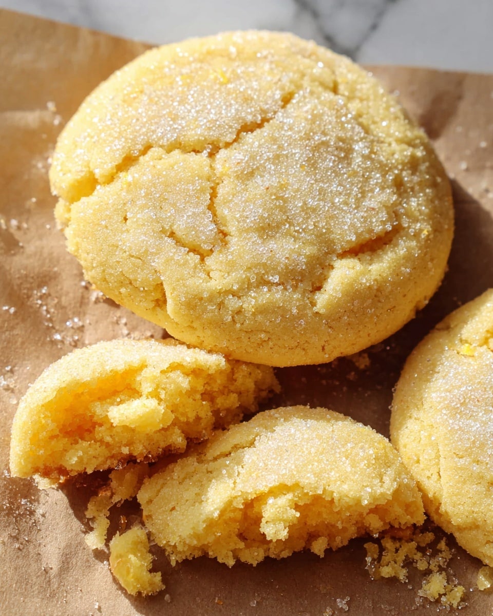 The image shows three round yellow cookies with a soft and crumbly texture, each topped with a sparkling layer of sugar crystals that catch the light. One cookie is whole with slight cracks on the surface, another is partially broken, revealing a dense and moist inside sprinkled with sugar, and the third is partially visible at the bottom. The cookies rest on a light brown parchment paper set against a white marbled surface. photo taken with an iphone --ar 4:5 --v 7