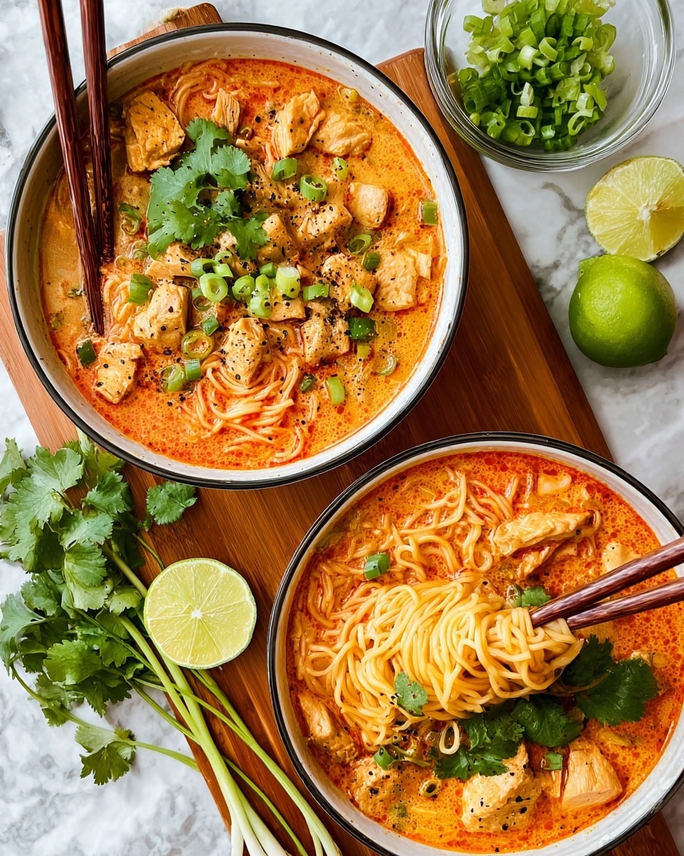 Two white bowls filled with a layered dish of orange-red creamy broth, with light yellow noodles submerged and swirling inside. Chunky pieces of light brown cooked poultry sit on top, sprinkled with black pepper. Bright green sliced scallions and fresh cilantro leaves add a splash of color over the noodles and broth. Each bowl has two brown chopsticks resting on the edge, one lift a small nest of noodles from the right bowl. Lime wedges painted in light green with white flesh line the bowls’ edges. The bowls sit on a wooden board and a white marbled surface with scattered whole scallions, lime wedges, and a glass bowl holding more chopped scallions. photo taken with an iphone --ar 4:5 --v 7