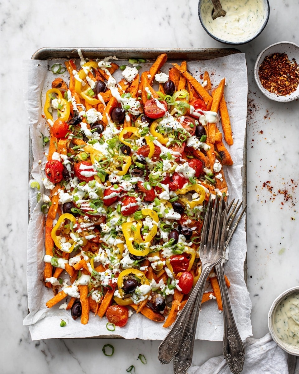 A baking tray lined with white paper holds a colorful dish with three main layers: the bottom layer is orange sweet potato fries, above them are scattered yellow pepper rings, halved red cherry tomatoes, and sliced black olives. The top layer is a mix of white crumbled cheese and light cream sauce drizzles, sprinkled with chopped green onions and herbs. Two vintage silver forks rest on the bottom right corner of the tray, all placed on a surface with a white marbled texture. Small bowls with creamy sauce and red spices are visible at the top right edge. photo taken with an iphone --ar 4:5 --v 7
