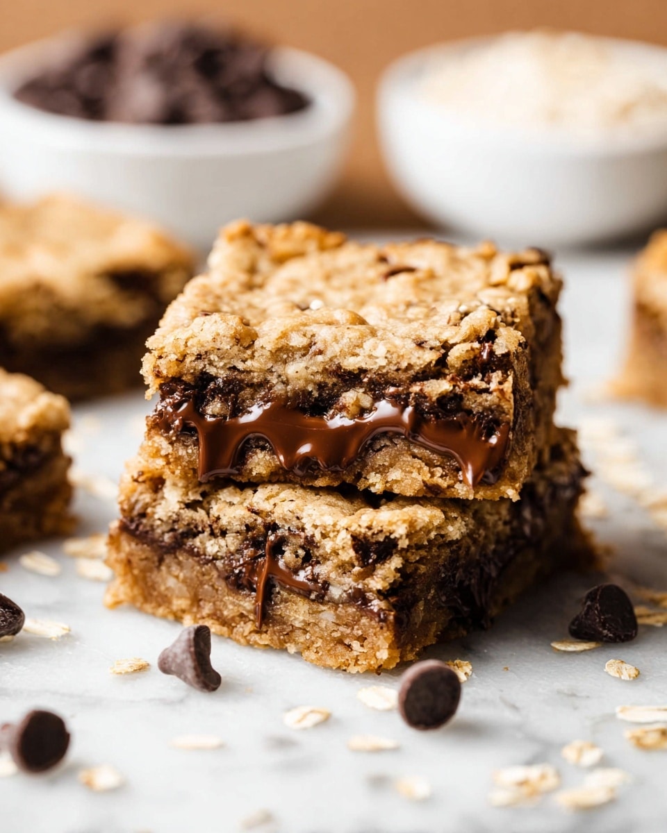 The image shows a close-up of two square chocolate chip cookie bars stacked on a white marbled surface. Each bar has three layers: the top and bottom layers are golden-brown cookie dough with a rough texture and visible oats, while the middle layer is filled with melted dark chocolate chips that ooze out slightly. Around the bars are scattered dark chocolate chips and some oats. In the background, white bowls, one filled with chocolate chips and the other with oats, are softly blurred, enhancing the focus on the cookie bars. Photo taken with an iphone --ar 4:5 --v 7