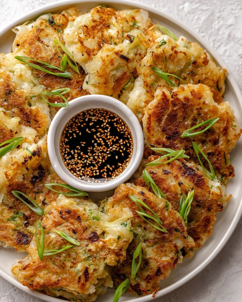 A white plate holds many pieces of golden brown pancake with crispy edges and visible bits of green onions and white cabbage inside. The pancakes are layered roughly and garnished with thin slices of bright green green onions scattered on top. In the middle of the plate, there is a small white bowl filled with dark soy sauce topped with floating golden toasted sesame seeds. The background is a white marbled texture. photo taken with an iphone --ar 4:5 --v 7