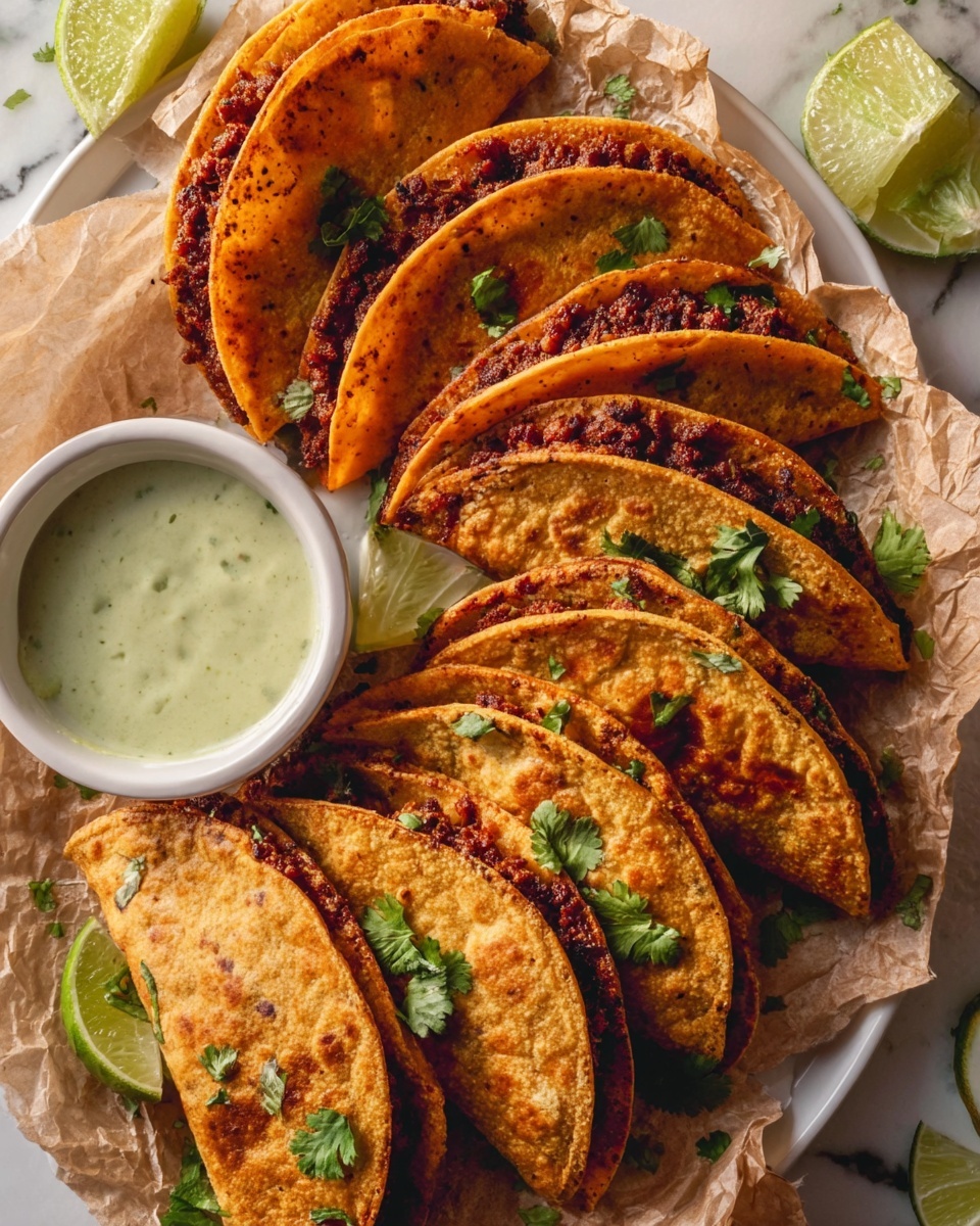The image shows six folded tacos arranged closely, with three placed neatly on a white plate and the others laid on crumpled brown parchment paper over a white marbled surface. Each taco has a golden-brown, slightly crispy tortilla shell, filled with a thick, dark reddish-brown filling visible at the edges. Small pieces of fresh green cilantro leaves are scattered on and around the tacos, adding a pop of color. A small white bowl with a smooth light green dipping sauce sits on the plate next to the tacos. There are also lime wedges placed near the tacos for garnish. Photo taken with an iphone --ar 4:5 --v 7