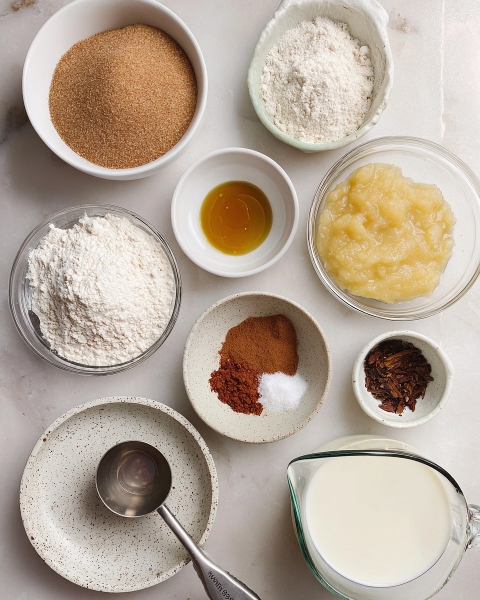 Top view of several small white bowls and glass containers arranged on a white marbled surface, containing various baking ingredients. In the top left corner, a white bowl holds light brown sugar; below it, a white bowl contains fine white flour. To the right of the flour, a small white container holds golden liquid oil, and next to it, a glass bowl with light yellow applesauce. Above these, a glass bowl contains white baking powder, while another small bowl holds a mix of reddish-brown cinnamon and white salt. Below the cinnamon bowl, a small white cup contains light amber liquid, possibly vanilla extract. Next to this, a white speckled dish with a metal measuring spoon contains dark brown vanilla or molasses. In the bottom right corner, a glass measuring cup is filled with creamy white milk. photo taken with an iphone --ar 4:5 --v 7