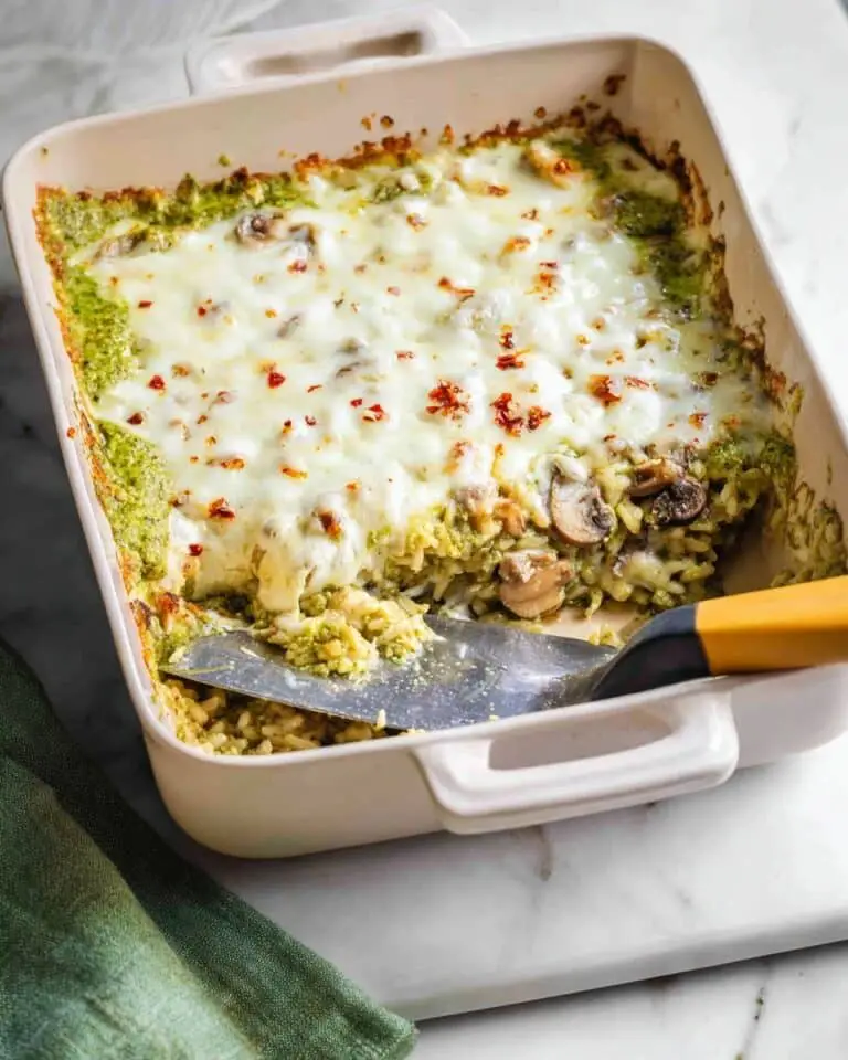 Pesto Rice Bake with Chickpeas, Mushrooms, and Mozzarella Recipe