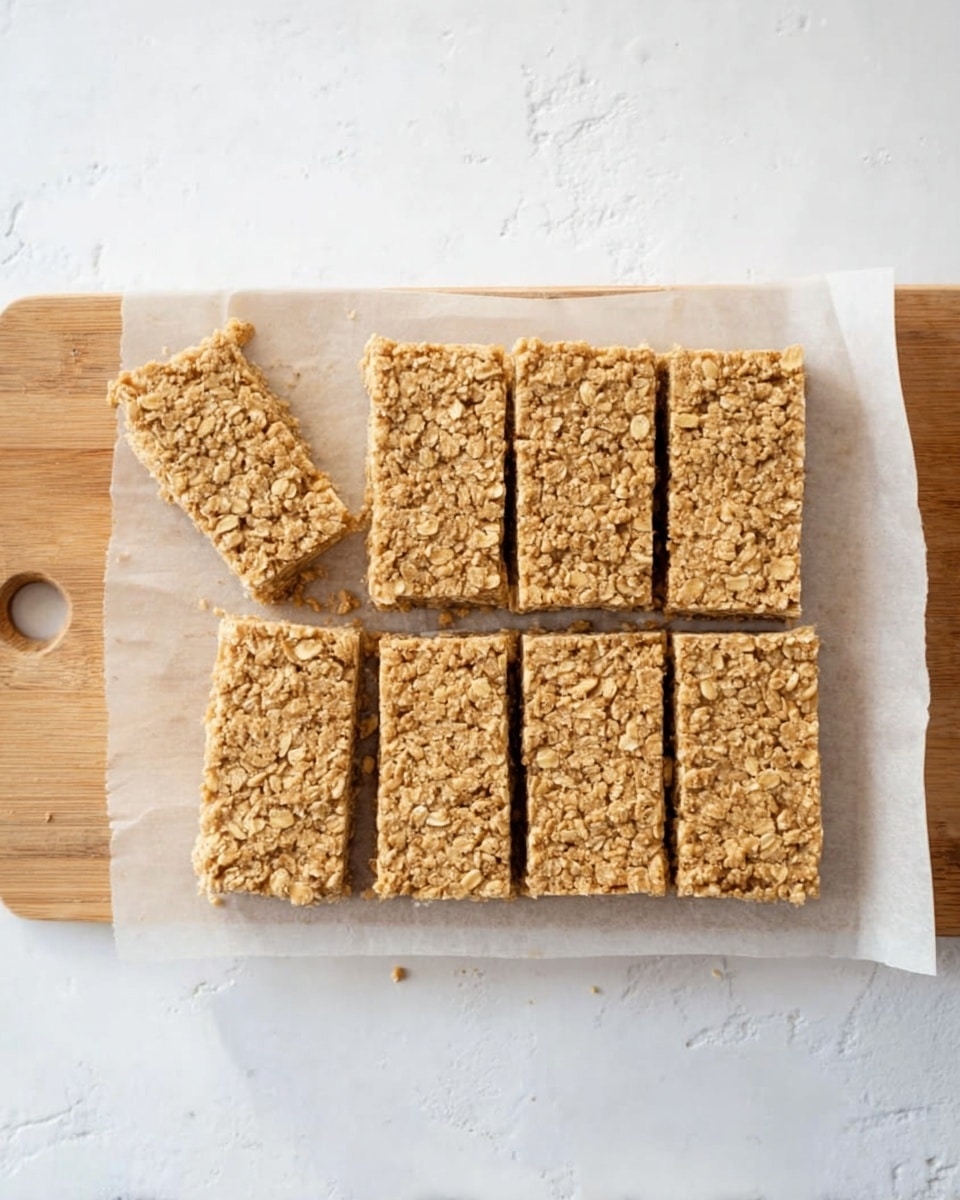 The image shows a wooden board on a white marbled surface with a sheet of parchment paper on top. There are twelve oat bars placed on the parchment paper, arranged in a roughly 3 by 4 grid. The oat bars are light brown with a rough texture, made up of oats and a few visible small clusters. One oat bar near the left has been slightly pulled out from the row, showing the edges clearly. The background is simple and clean with soft shadows around the oat bars. photo taken with an iphone --ar 4:5 --v 7
