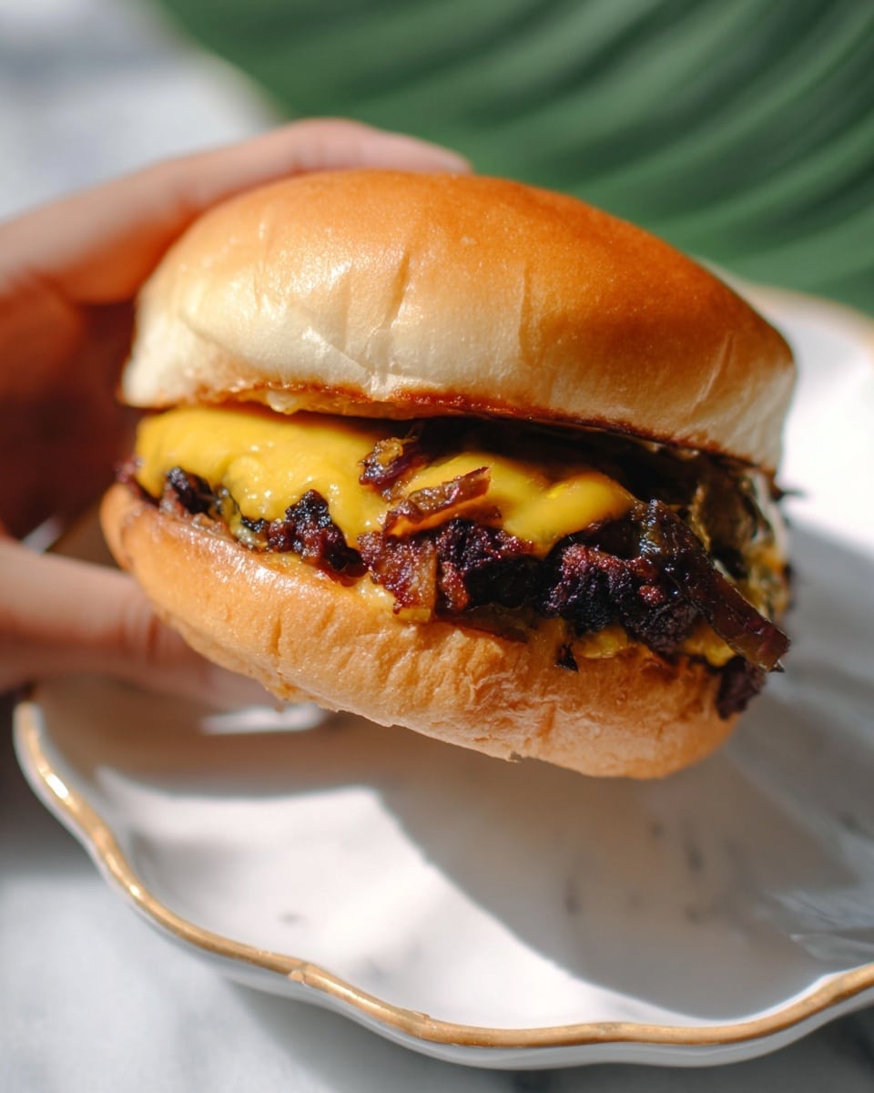 A close-up view of a cheeseburger held by a woman's hand, showing three main layers inside a lightly toasted bun: the top bun is pale brown and soft, below that is a layer of melted yellow cheese with a smooth texture, and underneath is a thick, dark grilled meat patty with a rough, slightly charred surface. The bottom bun is golden brown and slightly toasted. The burger is held over a white leaf-shaped plate, all on a white marbled background. photo taken with an iphone --ar 4:5 --v 7