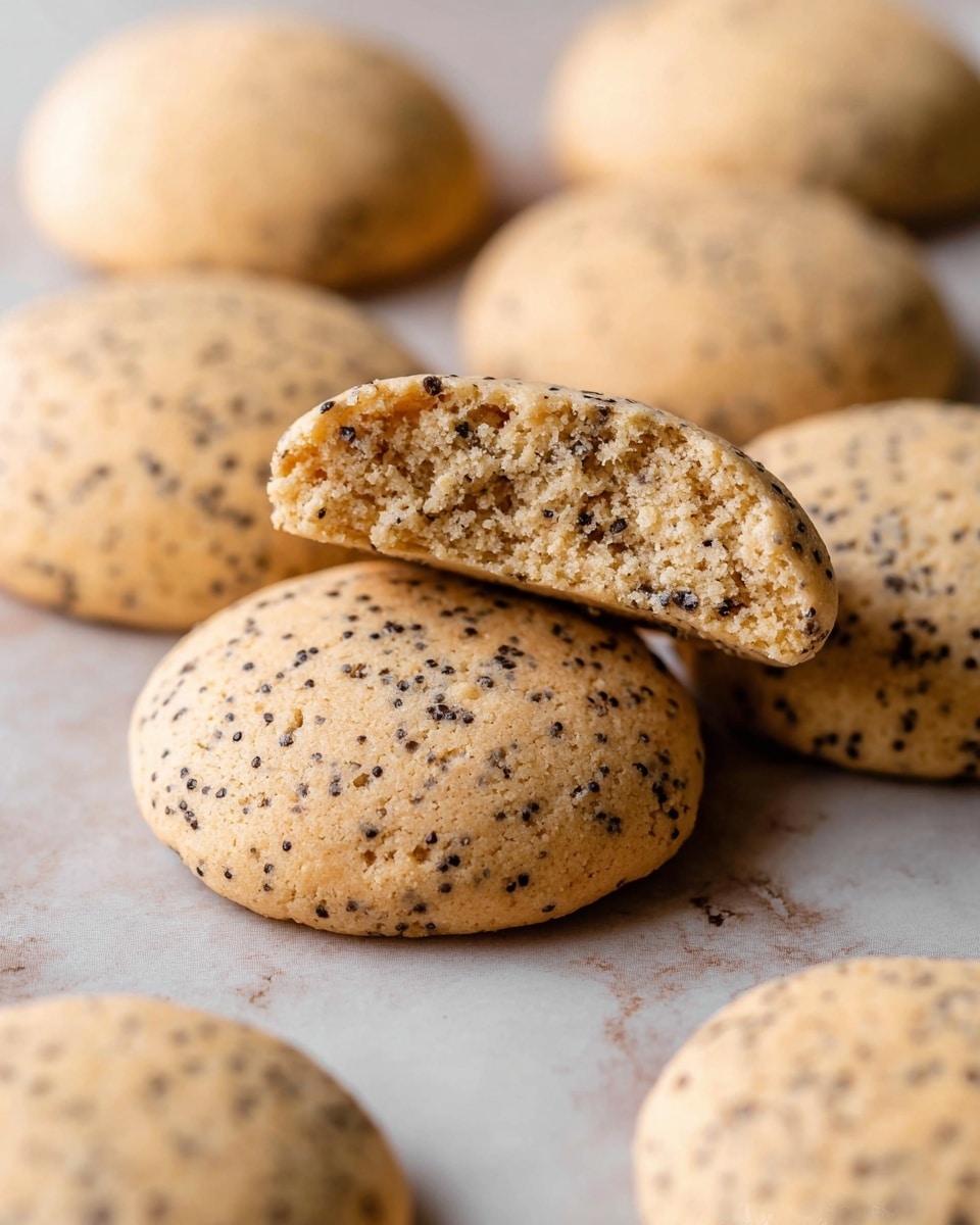 The image shows several round, pale golden cookies with tiny black seeds evenly spread inside and on top. One cookie is broken in half and placed on top of another, revealing a soft, crumbly texture and the small seeds throughout the inside. The cookies rest on a surface with a white marbled texture that softly contrasts with their light brown color. The overall look is neat and inviting, with the cookies arranged in rows that blur softly in the background for depth. photo taken with an iphone --ar 4:5 --v 7
