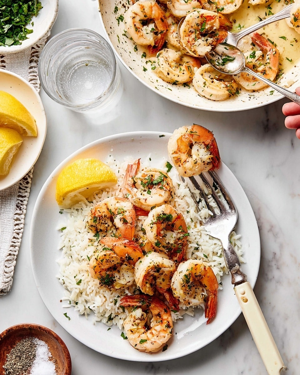 The image shows a white plate with a layer of plain white rice topped with cooked shrimp seasoned with green herbs and black specks, likely pepper. The shrimp are pink-orange with white flesh, arranged on top of the rice along with a quarter slice of lemon on the left side of the plate. A fork with a cream-colored handle is placed on the right side of the plate, holding one shrimp. Above the plate, there is a white pan filled with more shrimp in a light sauce garnished with herbs, and a woman's hand holding a spoon in the pan. To the right, there is a small bowl with coarse salt and black pepper, and a glass of water on a white marbled surface. At the bottom left corner, fresh lemon wedges and chopped herbs are visible in another white bowl. photo taken with an iphone --ar 4:5 --v 7