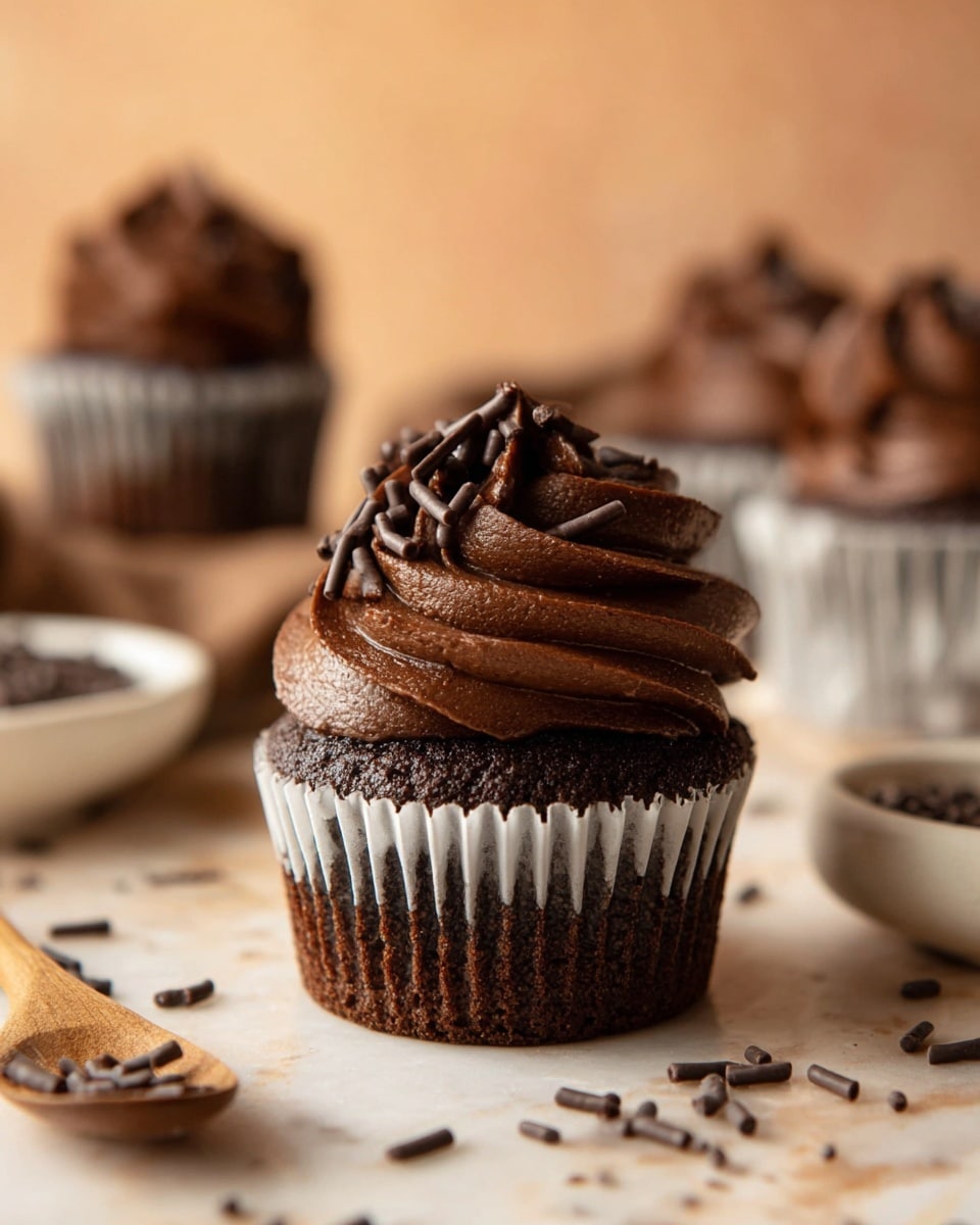 A chocolate cupcake sits center stage with one thick bottom layer of dark brown cake wrapped in a white paper liner. On top, there is a tall swirl of dark, creamy chocolate frosting, textured smooth and rich, decorated with small cylindrical chocolate sprinkles scattered across the frosting and some falling on the white marbled surface below. In the background, blurred chocolate cupcakes and a white bowl filled with more chocolate sprinkles and a wooden spoon are visible, all set against a soft, warm-toned backdrop. Photo taken with an iphone --ar 4:5 --v 7