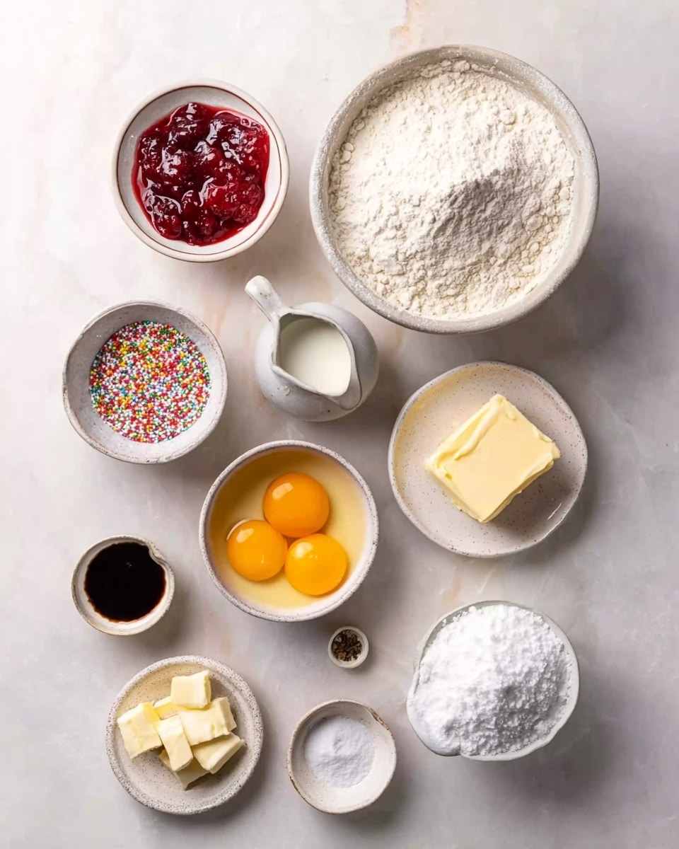 Top view of several small white bowls and dishes with different ingredients placed on a white marbled surface. There is a large bowl full of white flour in the center. At the top left is a bowl filled with a red jam or jelly with a shiny surface. Next to it, on the right, there is a small pitcher with colorful sprinkles. To the right of that is a bowl containing two raw eggs with bright yellow yolks floating in clear egg whites. Below the jam, there is a very small bowl with dark liquid vanilla extract, and nearby a small white plate holds some white crystals and powder sugar. Next to it is a rectangular block of pale yellow butter. In the bottom center, a bowl overflows with white powdered sugar. Next to that, on the right, is a tiny gray pitcher filled with milk or cream. The whole scene is neat and set on the smooth white marbled surface. Photo taken with an iphone --ar 4:5 --v 7