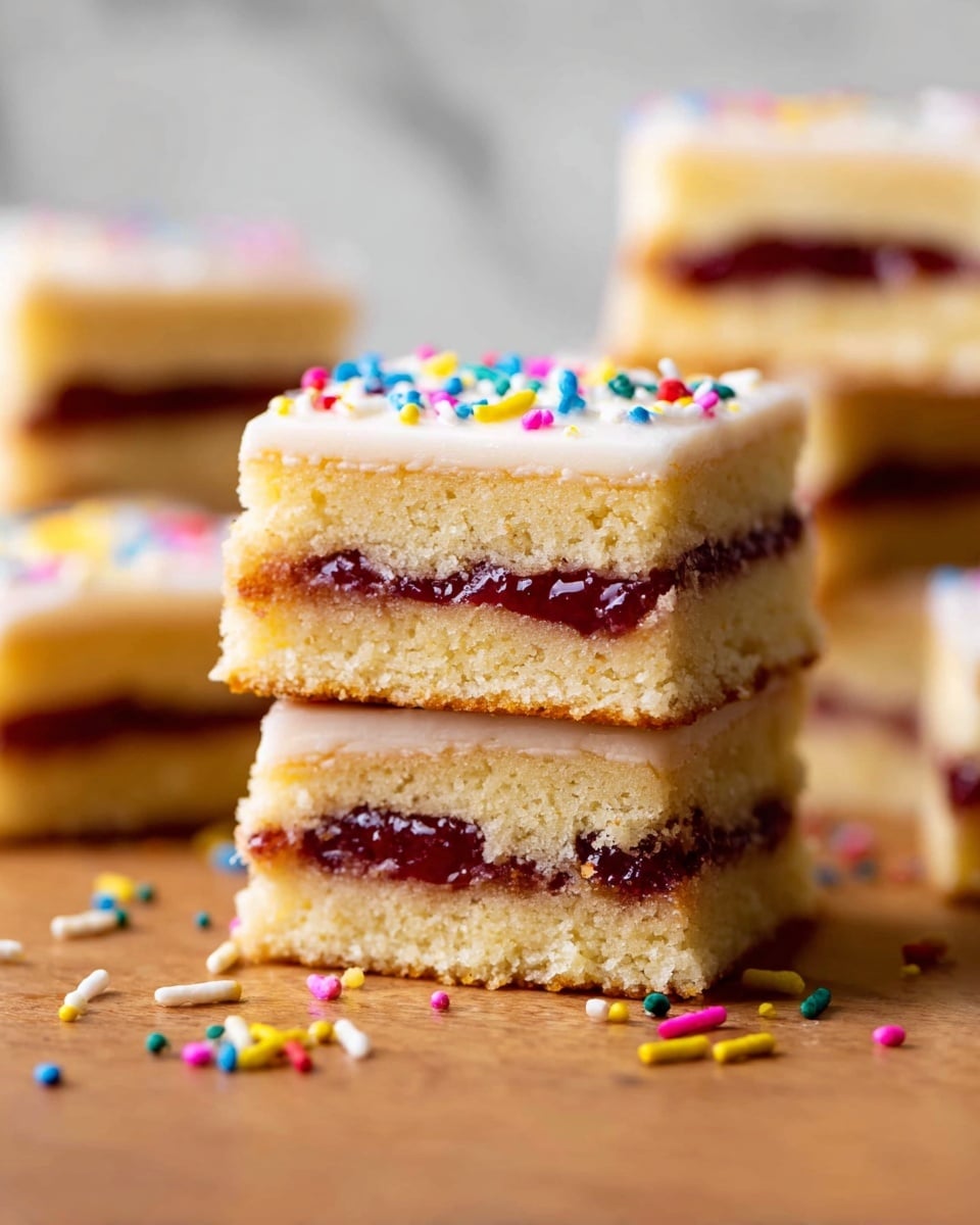 The image shows a stack of two-layer square dessert bars placed on a wooden surface with a blurred white marbled background. Each bar has two thick, light golden cake layers with a shiny dark red jam filling in the middle. The top layer is covered with a thin smooth white frosting, decorated with small colorful round and rod-shaped sprinkles scattered on the frosting and around the bars. The bars are slightly rough textured on the side, showing the soft cake and jam filling inside. In the background, other bars are stacked softly out of focus. photo taken with an iphone --ar 4:5 --v 7
