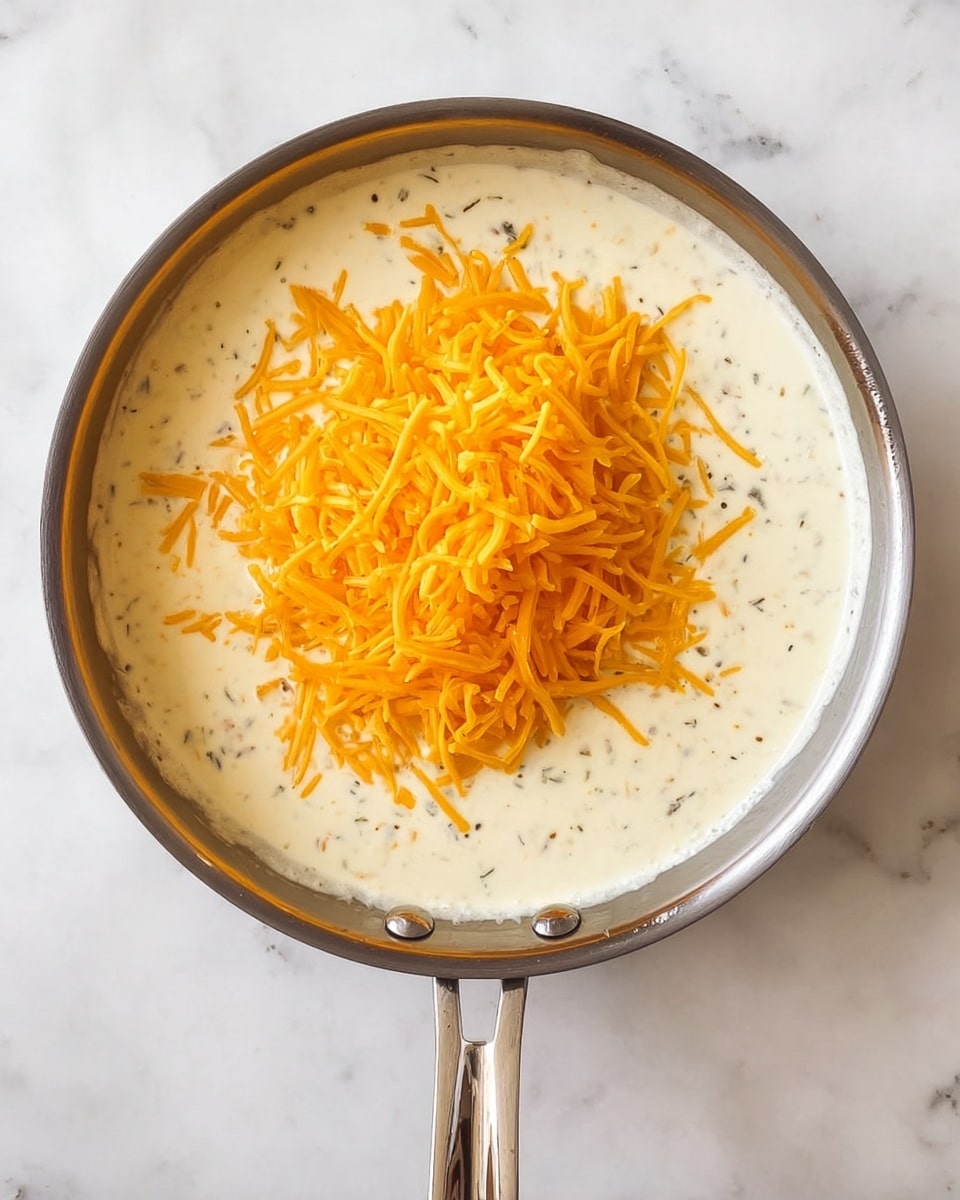 In a silver pan placed on a white marbled surface, there is a creamy white sauce filling the pan almost to the edge. On top of the sauce, a large pile of bright orange shredded cheese sits slightly off-center, creating a contrast with the smooth white sauce underneath. The sauce has small specks of black pepper or herbs scattered throughout, adding texture to the surface. The pan handle extends downward with a shiny metallic finish. photo taken with an iphone --ar 4:5 --v 7