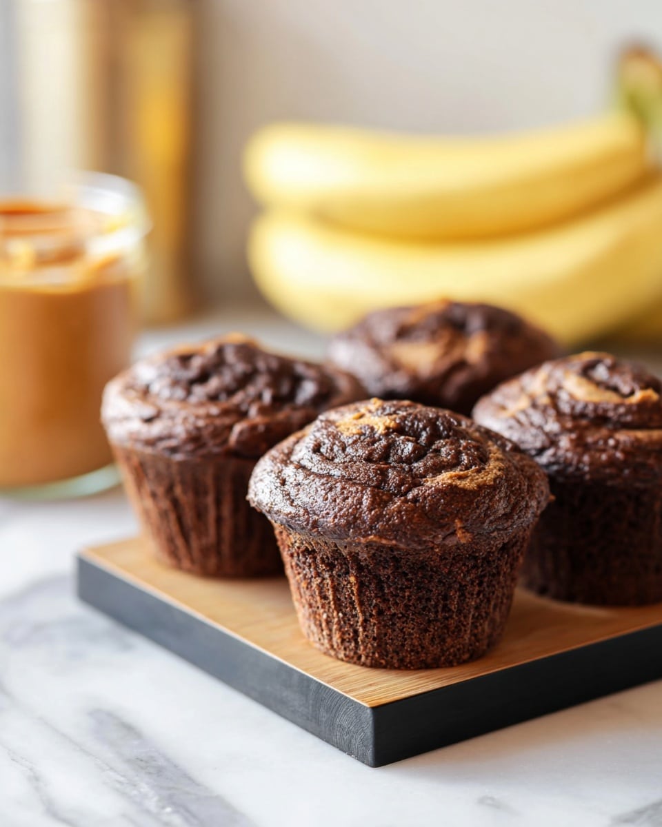 Four chocolate muffins with a slightly cracked top showing a swirl of lighter brown texture are placed on a small wooden board with black edges. The muffins have a rich dark brown color with a textured surface. In the background, there is a blurry glass jar with a creamy orange spread and a bunch of yellow bananas, all on a white marbled surface. The setting is bright with natural light coming from the side. photo taken with an iphone --ar 4:5 --v 7