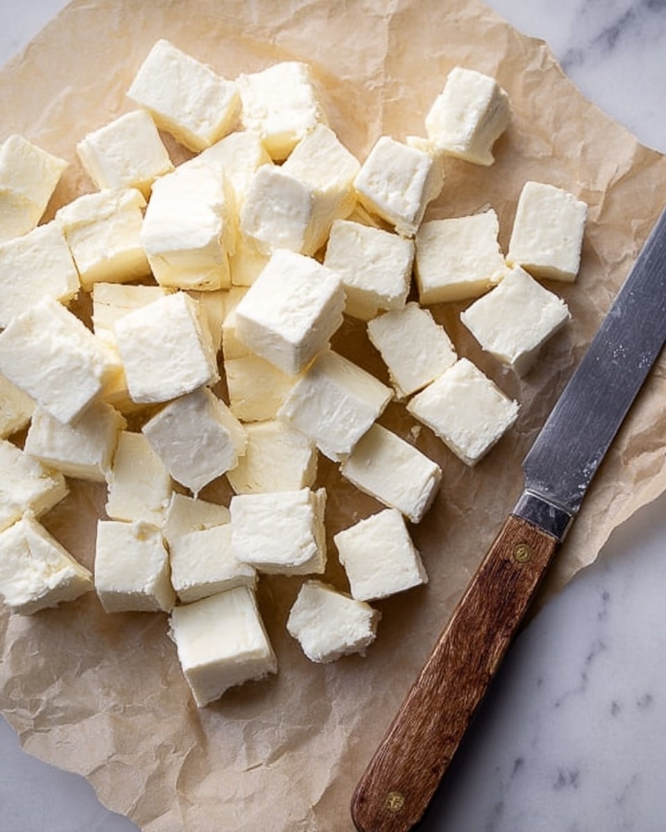 The image shows many small cubes of white cheese spread out on a piece of parchment paper. The cheese cubes are uneven in size, with smooth surfaces and slightly rounded edges. To the right side, there is a wooden-handled knife resting on the parchment. The background is a white marbled surface. Photo taken with an iphone --ar 4:5 --v 7