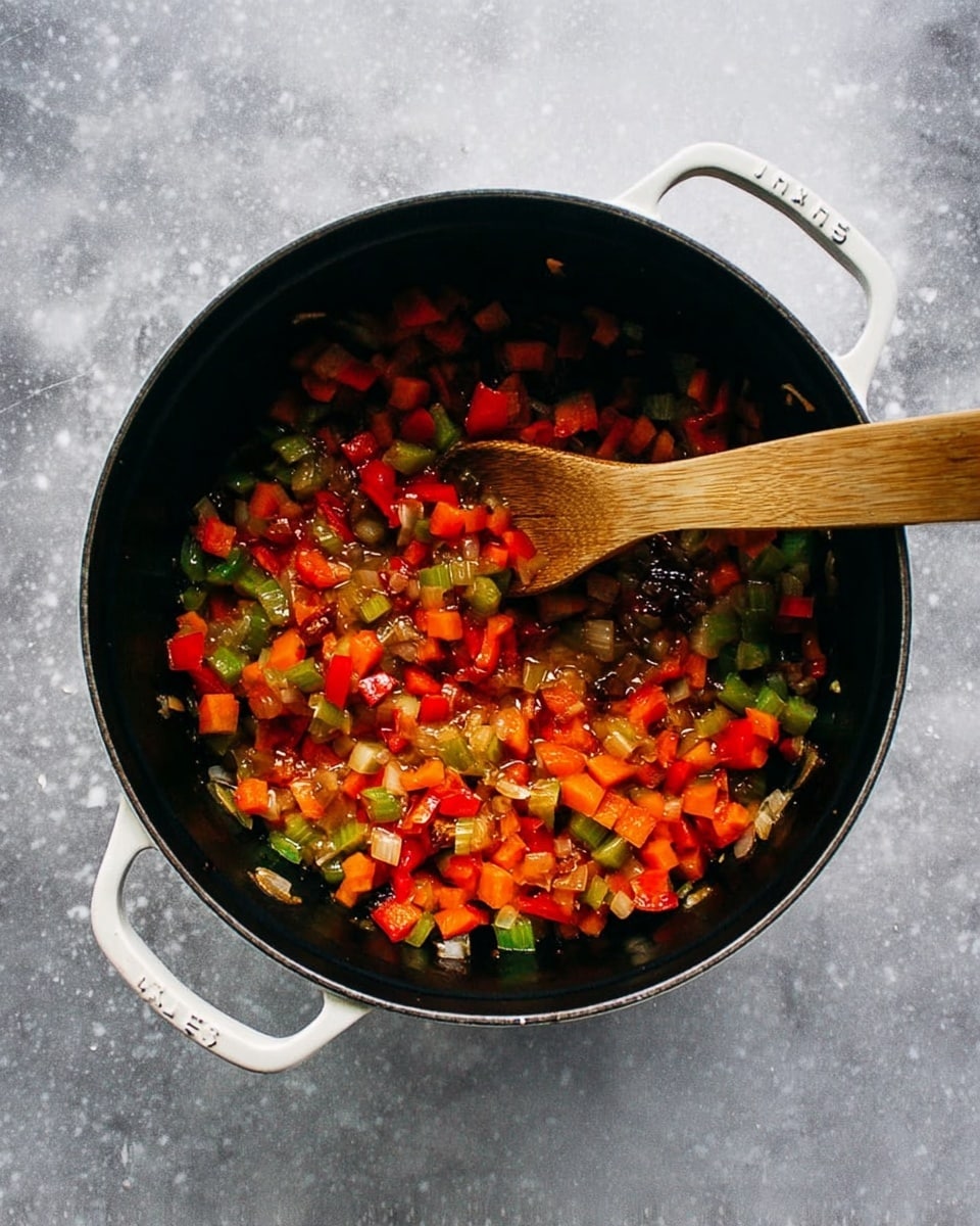 A black pot with white handles holds a cooked mix of diced vegetables, including bright red bell peppers, orange carrots, green celery, and translucent sautéed onions, all showing a slightly browned texture. A wooden spoon rests inside the pot, stirring the mix. The pot is set on a white marbled surface. photo taken with an iphone --ar 4:5 --v 7