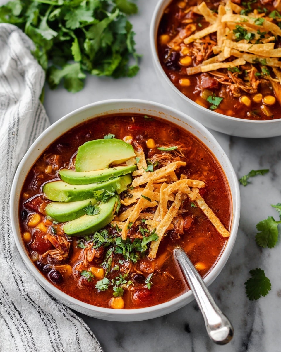 The image shows two white bowls filled with a thick red soup as the base layer, containing visible chunks of beans, corn, and pieces of shredded meat. On top of the soup, there are thin crispy strips in a light golden brown color spread unevenly, adding texture. On one side of the bowl in the front, three slices of bright green avocado are layered neatly. Small bright green cilantro leaves are scattered on top, giving a fresh look. A silver spoon rests inside the front bowl. The scene sits on a white marbled surface with some green cilantro leaves and a white cloth with gray stripes nearby. Photo taken with an iphone --ar 4:5 --v 7