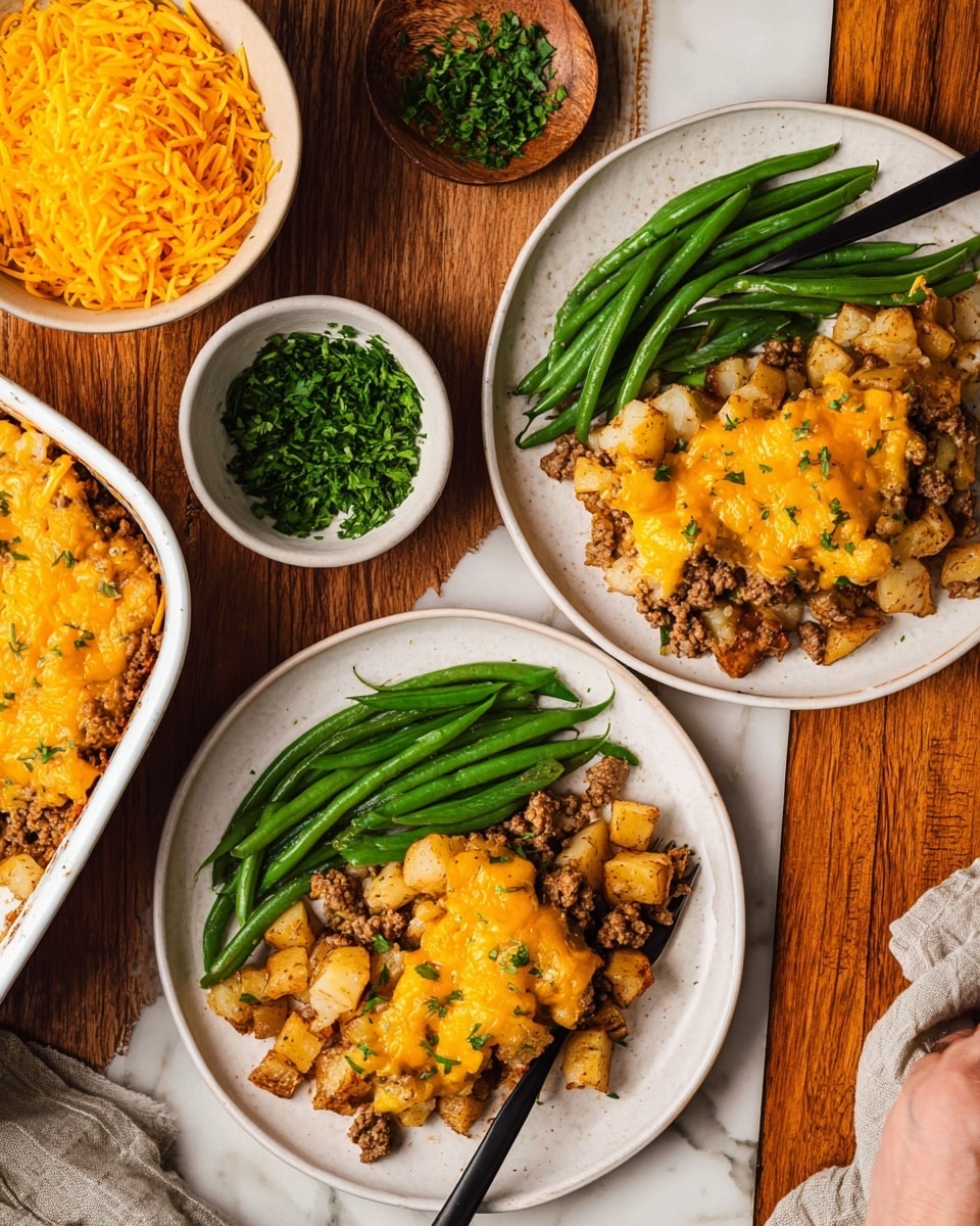 The image shows two white plates on a white marbled surface, each with two layers of food. The bottom layer is a mix of browned ground meat and cubed potatoes, covered with melted yellow cheddar cheese, creating a textured, slightly crispy top. On one side of each plate are bright green steamed green beans, smooth and shiny. To the top left is a white bowl with shredded yellow cheddar cheese, and next to it another white bowl filled with chopped green herbs, adding a fresh touch. The background features a warm wooden board and a white casserole dish filled with the same cheesy ground meat and potato mixture. A woman's hand holds a black serving spoon inside the casserole dish. Photo taken with an iphone --ar 4:5 --v 7
