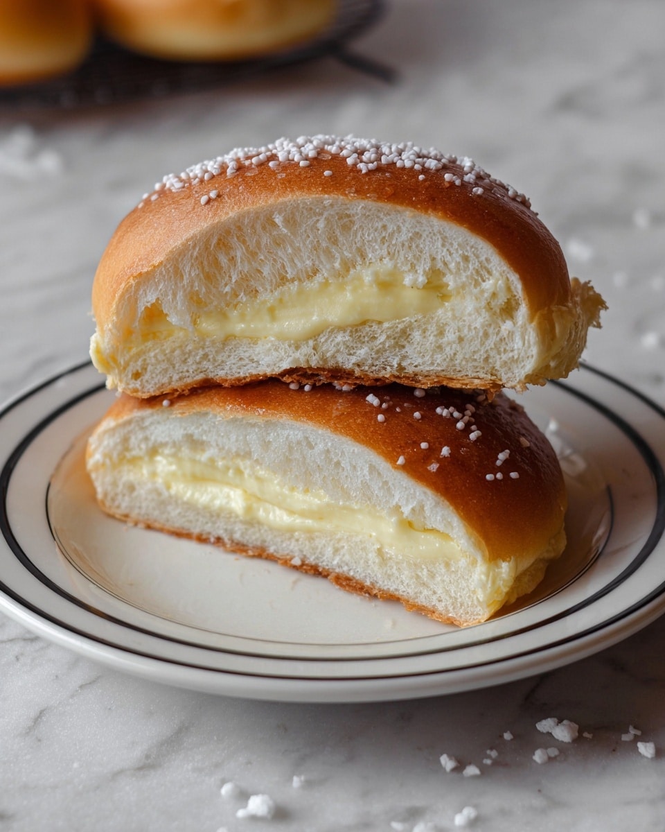The image shows a soft bun cut in half and stacked, with the top half resting slightly open to reveal a thick middle layer of pale yellow creamy filling. The bun's outer crust is smooth and light brown with small white sugar crystals sprinkled on top. Inside, the bread is fluffy and white. The two halves are placed on a white plate with a simple thin black line near the edge, and the background features a white marbled surface with some small white sugar crystals scattered around. Photo taken with an iphone --ar 4:5 --v 7