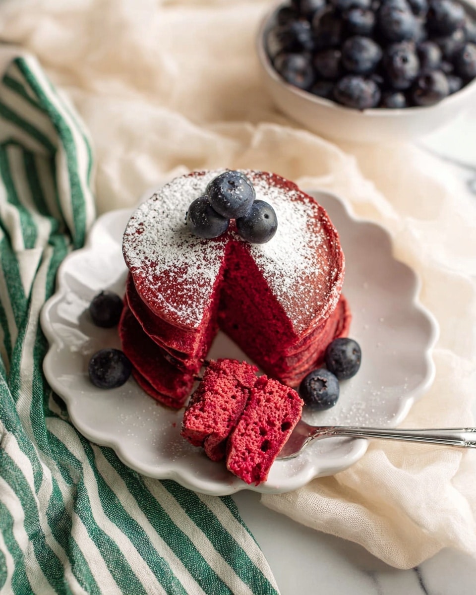A stack of four thick bright red pancakes sits on a white plate with scalloped edges, dusted lightly with white powdered sugar on top. Two plump blueberries rest on the top pancake, while three more blueberries lie scattered around the plate. A silver fork is inserted into the bottom half of the stack, lifting a small piece of the dense, moist pancakes. In the background, there is a bowl full of dark blue, shiny blueberries, and the scene is set on a crumpled cream-colored cloth next to a green and white striped kitchen towel over a white marbled surface. Photo taken with an iphone --ar 4:5 --v 7