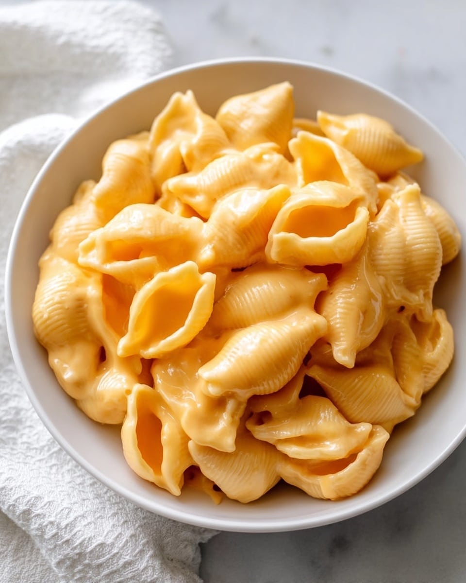 A white bowl filled with about two layers of shell pasta coated in a smooth, shiny, light orange cheese sauce. The pasta shells are plump and piled in the bowl, with some shells turned open-side up, showing the creamy sauce inside, while others are turned sideways, highlighting their ridged texture. The bowl sits on a white marbled surface, accompanied by a white textured cloth in the background. photo taken with an iphone --ar 4:5 --v 7