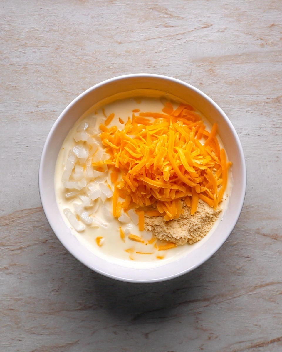 A white bowl on a white marbled surface holds a mixture of three visible layers. The bottom layer is a thick, creamy white sauce filling most of the bowl. On the left side, there are small, translucent white pieces that look like chopped onions. To the right, a beige, soft textured paste rests beside the sauce. The top layer is a bright orange heap of shredded cheddar cheese covering the middle and right parts of the bowl. The image is taken from above. photo taken with an iphone --ar 4:5 --v 7