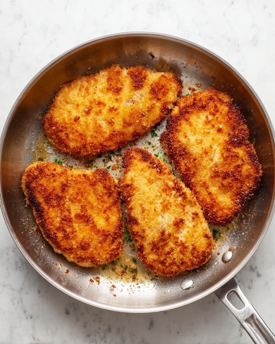 The image shows a round metal pan with four golden brown fried pieces of breaded chicken, evenly spread inside. Each piece has a crispy texture with small darker spots showing the fried crust, and the chicken is slightly uneven in shape. The pan sits on a white marbled surface, and small bits of crisped breading and light oil can be seen around the chicken. photo taken with an iphone --ar 4:5 --v 7
