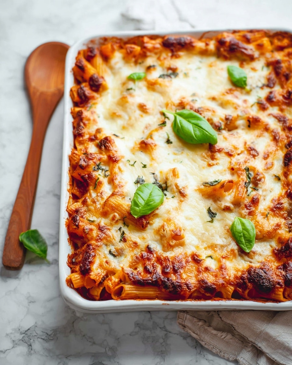 This image shows a baked pasta dish in a white rectangular dish with browned melted cheese covering most of the top. The pasta beneath is rigatoni, visible in a few spots, and coated in a red tomato sauce. The edges of the cheese are golden and crispy, with some bubbling, giving a textured look. Two fresh green basil leaves sit on top, adding a pop of color. The dish rests on a white marbled surface with a wooden spoon beside it. Photo taken with an iphone --ar 4:5 --v 7