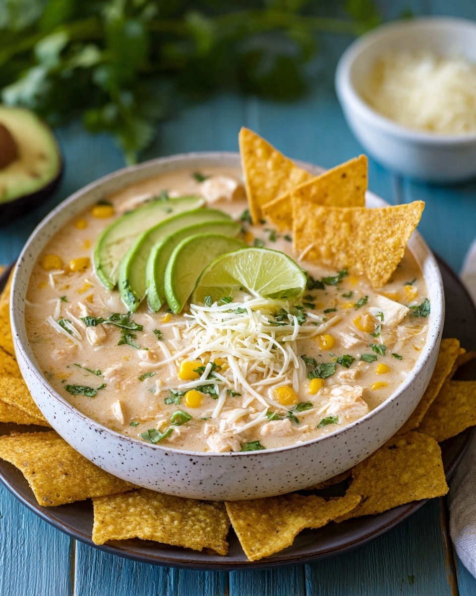 A white speckled bowl filled with creamy chicken soup shows three layers of toppings: on the left, thinly sliced avocado fanned out with a bright green lime wedge on top, in the center, shredded white cheese scattered lightly, and on the right, three large triangular tortilla chips standing upright. The soup itself is creamy beige with chunks of chicken, bits of yellow corn, and green cilantro leaves spread throughout. The bowl sits on a dark plate with additional tortilla chips around it, placed on a blue wooden surface with a blurred background of green leaves and white shredded cheese in a small white bowl. Photo taken with an iphone --ar 4:5 --v 7