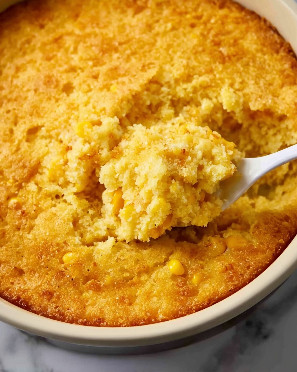 Slow Cooker Corn Pudding Recipe 5 The image shows a close-up of a golden-baked corn casserole in a white round baking dish. The top layer is textured with a slightly crispy, crumbly surface in light golden yellow and creamy tones. A white spoon is scooping up a generous portion from the dish, revealing a soft, moist inside with visible corn kernels scattered throughout. The casserole’s layers consist of a thick, creamy base mixed with the corn, creating a rich and fluffy look. The background is a white marbled surface. Photo taken with an iphone --ar 4:5 --v 7