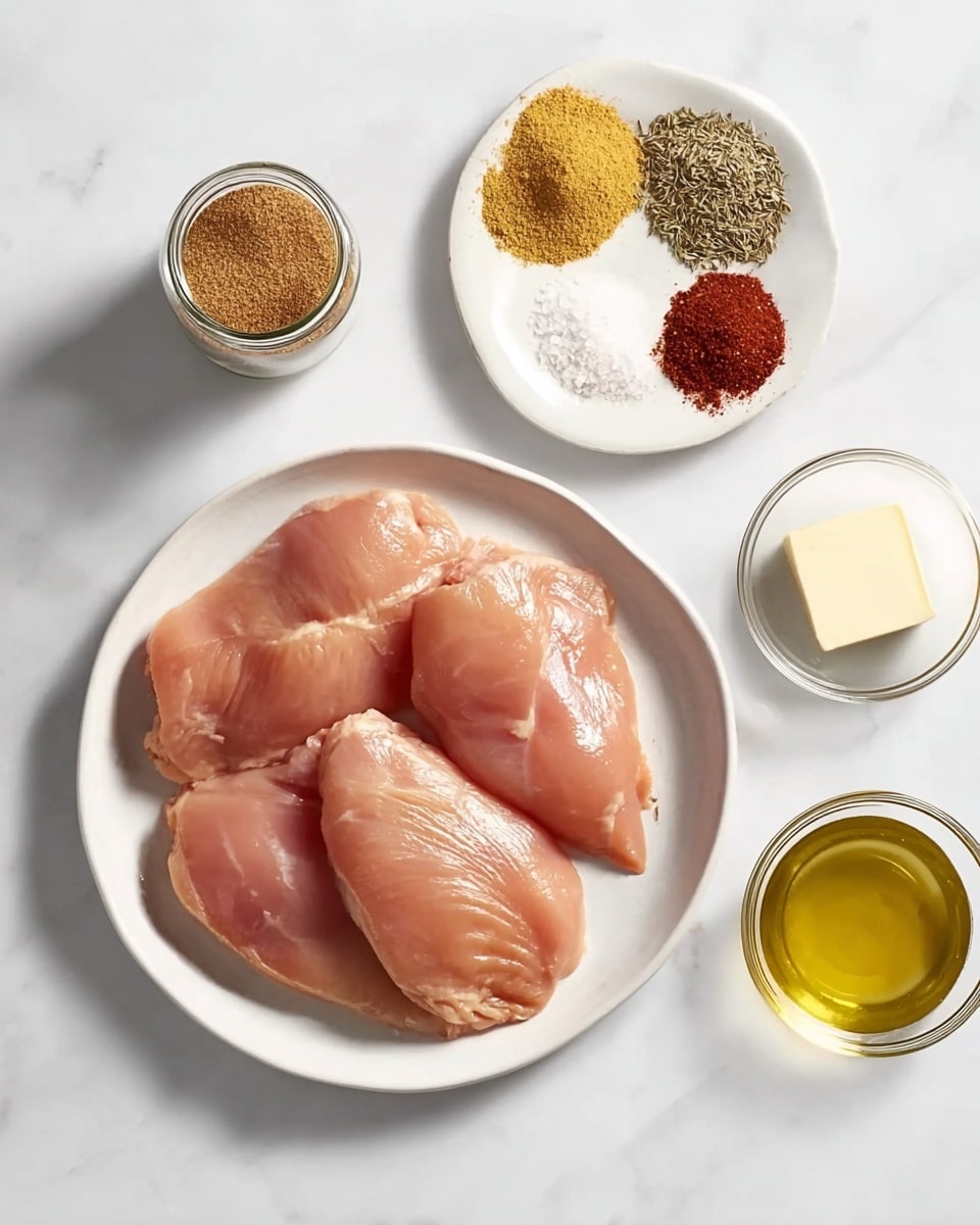 A round white plate holds five smooth raw chicken pieces arranged in overlapping layers, showing soft pink and orange flesh with slight shine. Above the plate is a small white plate with five separate piles of spices in different colors: yellow, off-white, red, greenish-brown, and dark brown. At the top left corner is a small glass jar filled with brownish spice powder. To the right side of the chicken plate, there are three small transparent glass containers: a square one with a light yellow stick of butter, a round one filled with golden yellow oil, and one more transparent container not fully visible. The whole setup rests on a white marbled surface under soft light. photo taken with an iphone --ar 4:5 --v 7