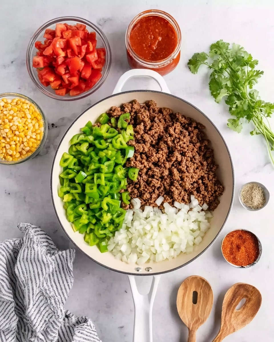 The image shows a white pan with four layers inside: on the left, bright green chopped bell peppers; next to it, cooked ground meat that is brown with a crumbly texture; on the right side, white chopped onions; and some minced garlic along the bottom edge of the pan. Around the pan on a white marbled surface, there is a small bowl with diced red tomatoes, a measuring cup filled with white rice, a jar with red tomato sauce, a small bowl of yellow corn, fresh cilantro to the right, a wooden spoon with red seasoning powder, and three small wooden measuring spoons at the bottom right. A striped cloth is to the top left. Photo taken with an iphone --ar 4:5 --v 7