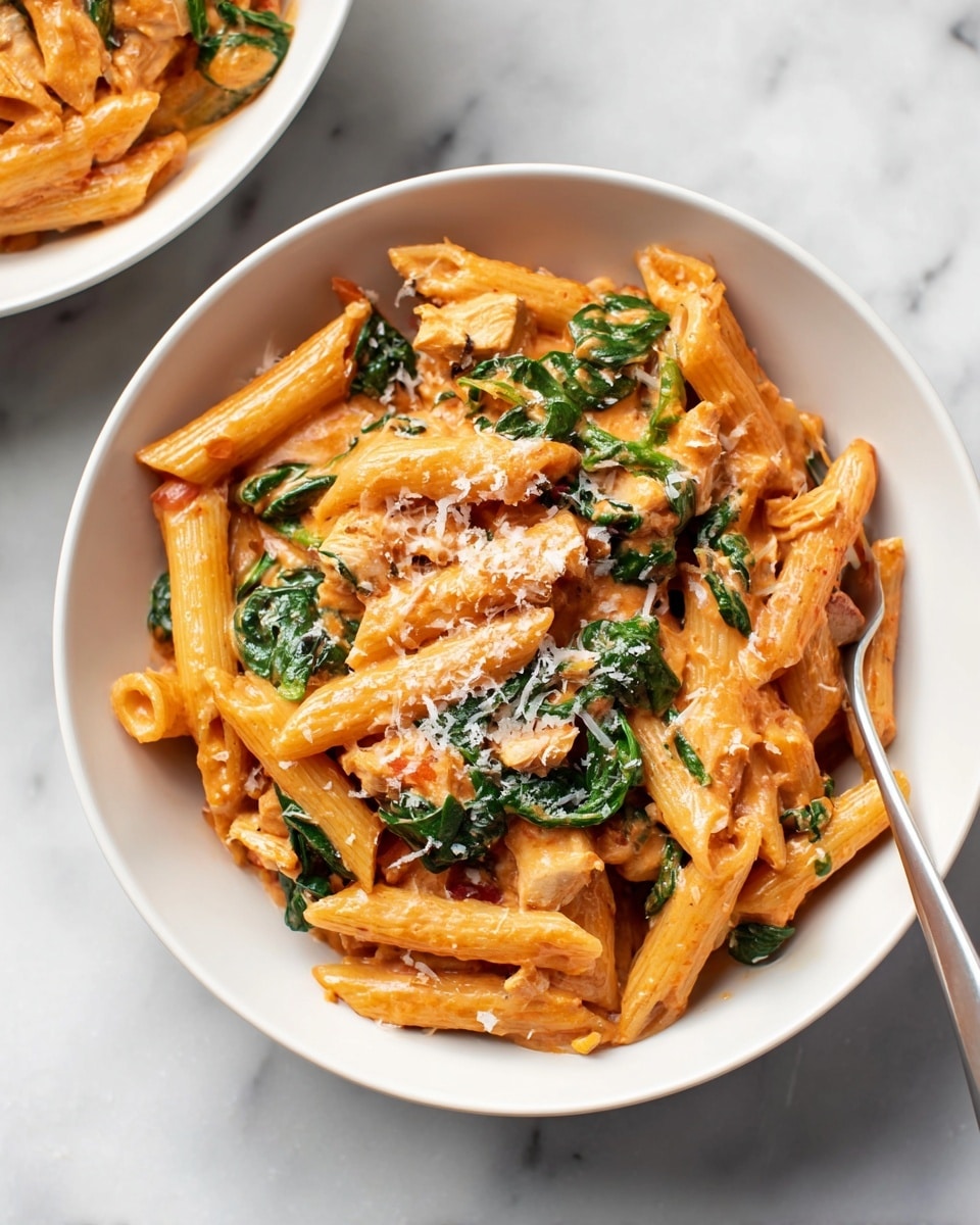 A white bowl filled with penne pasta coated in a creamy orange-colored sauce, mixed with wilted dark green spinach leaves and small pieces of light brown chicken. The pasta has a smooth texture and is topped with finely grated white cheese scattered over the top. The bowl is set on a white marbled surface, and a second bowl with the same dish is partially visible in the background. photo taken with an iphone --ar 4:5 --v 7