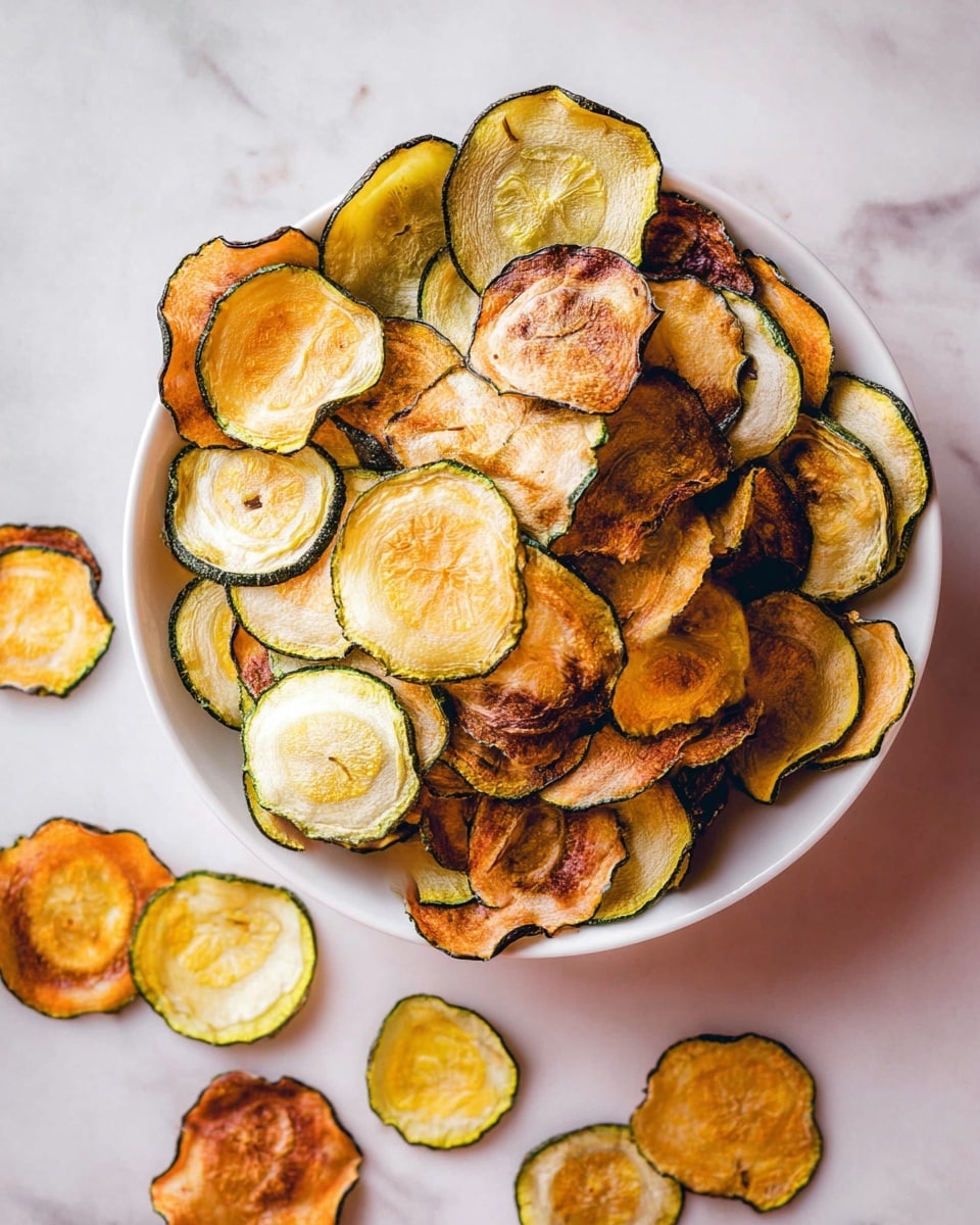 A white bowl filled with many thin, round slices of baked vegetable chips showing a mix of colors from light yellow, golden brown to dark brown. The chips have slightly wrinkled textures with visible seeds and thin green edges of zucchini. Some chips are layered on top of others, creating a piled look. Outside the bowl, a few chips lie scattered on a white marbled surface. Photo taken with an iphone --ar 4:5 --v 7
