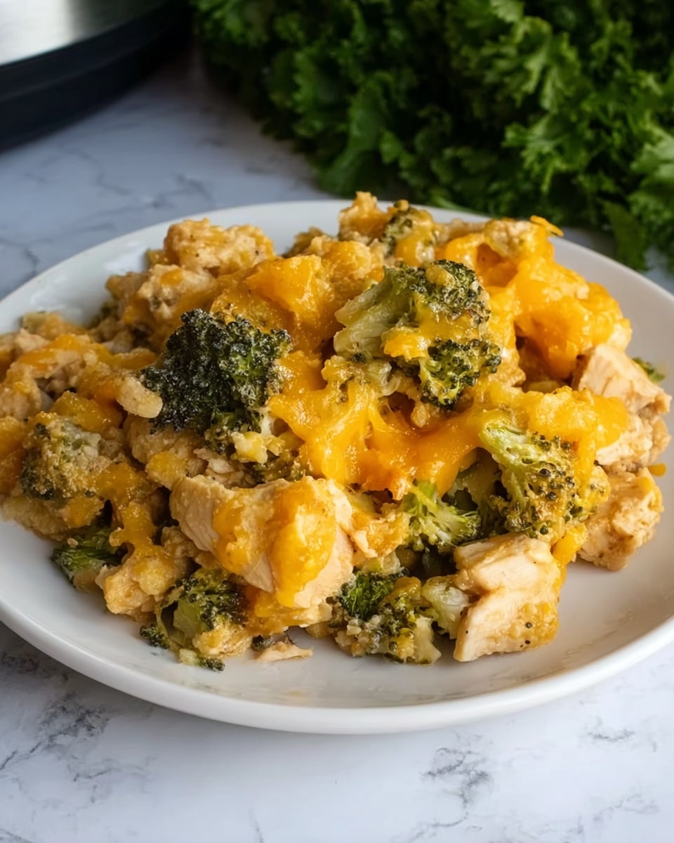 The image shows a close-up of a plate with a layered dish filled with small pieces of chicken, cauliflower, broccoli, and melted cheddar cheese. The cauliflower and broccoli pieces are cooked and mixed evenly throughout the dish, giving it a mix of orange-yellow from the cheddar cheese and green from the broccoli. The texture looks soft and slightly chunky with well-blended ingredients. The plate is white and placed on a white marbled surface with some green leafy vegetables in the background. Photo taken with an iphone --ar 4:5 --v 7