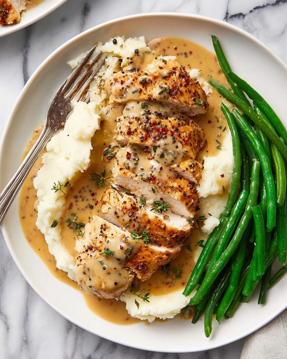A white plate on a white marbled surface holds three main layers: at the bottom, there is a bed of creamy white mashed potatoes with a soft texture; on top and slightly to the left, sliced golden-brown grilled chicken with visible black pepper and herb specks, arranged in a slightly fanned-out manner; all covered with a light brown creamy sauce with specks of black pepper and green herbs spreading down from the chicken onto the mashed potatoes; on the right side, a neat pile of bright green cooked green beans with a slightly glossy texture and light pepper seasoning; a silver fork rests on the plate’s left edge touching the mashed potatoes and sauce. Photo taken with an iphone --ar 4:5 --v 7