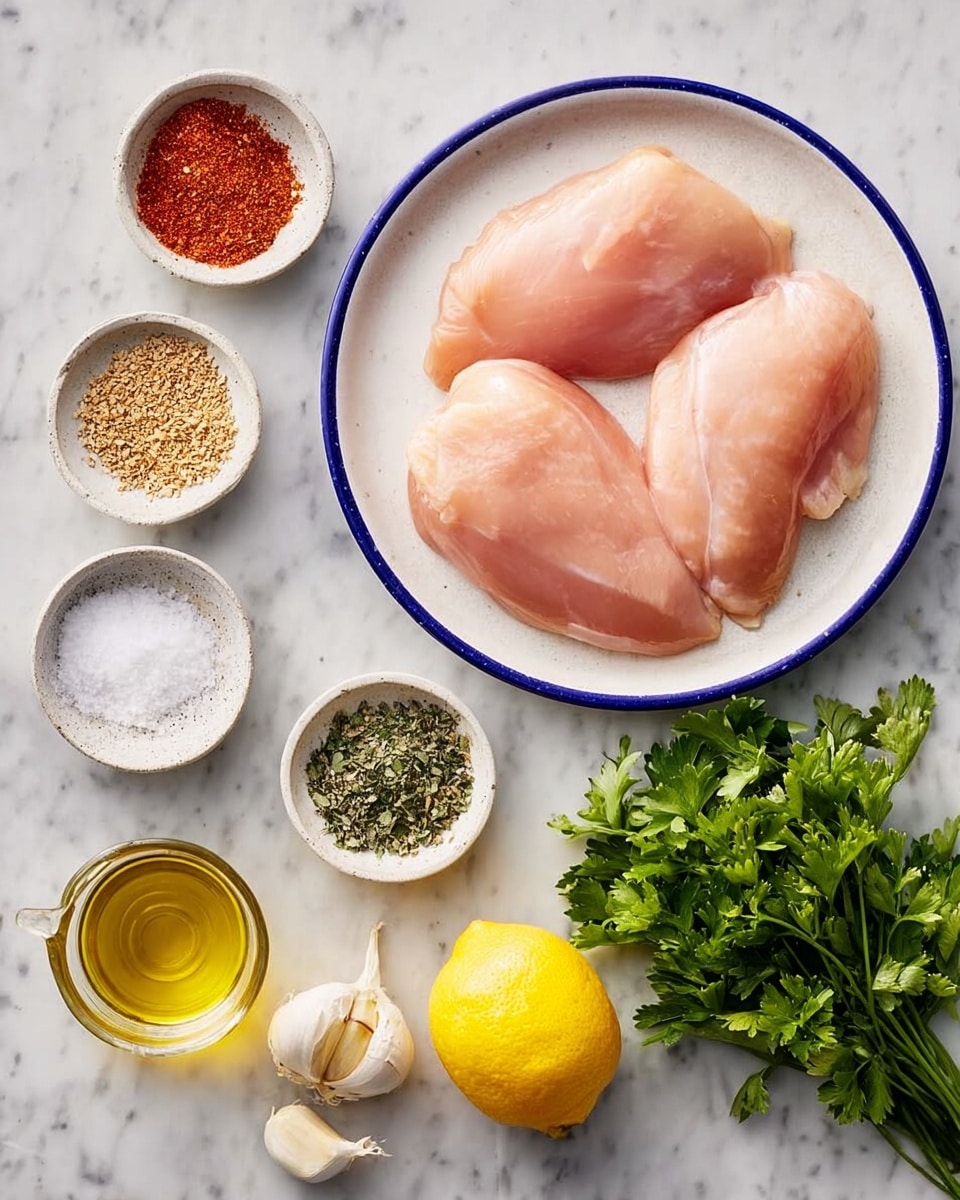 Three raw pale pink chicken fillets lie closely on a white plate with a blue rim, placed on a white marbled surface. Around the plate are small white bowls holding different spices: one with red powder, one with small light brown seeds, one with white salt, one with dried green herbs, and one with coarsely ground black pepper. A small white bowl contains three garlic cloves, and a bunch of fresh green parsley sits nearby. A whole yellow lemon and a small clear glass bottle with golden olive oil are also arranged on the white marbled surface. photo taken with an iphone --ar 4:5 --v 7