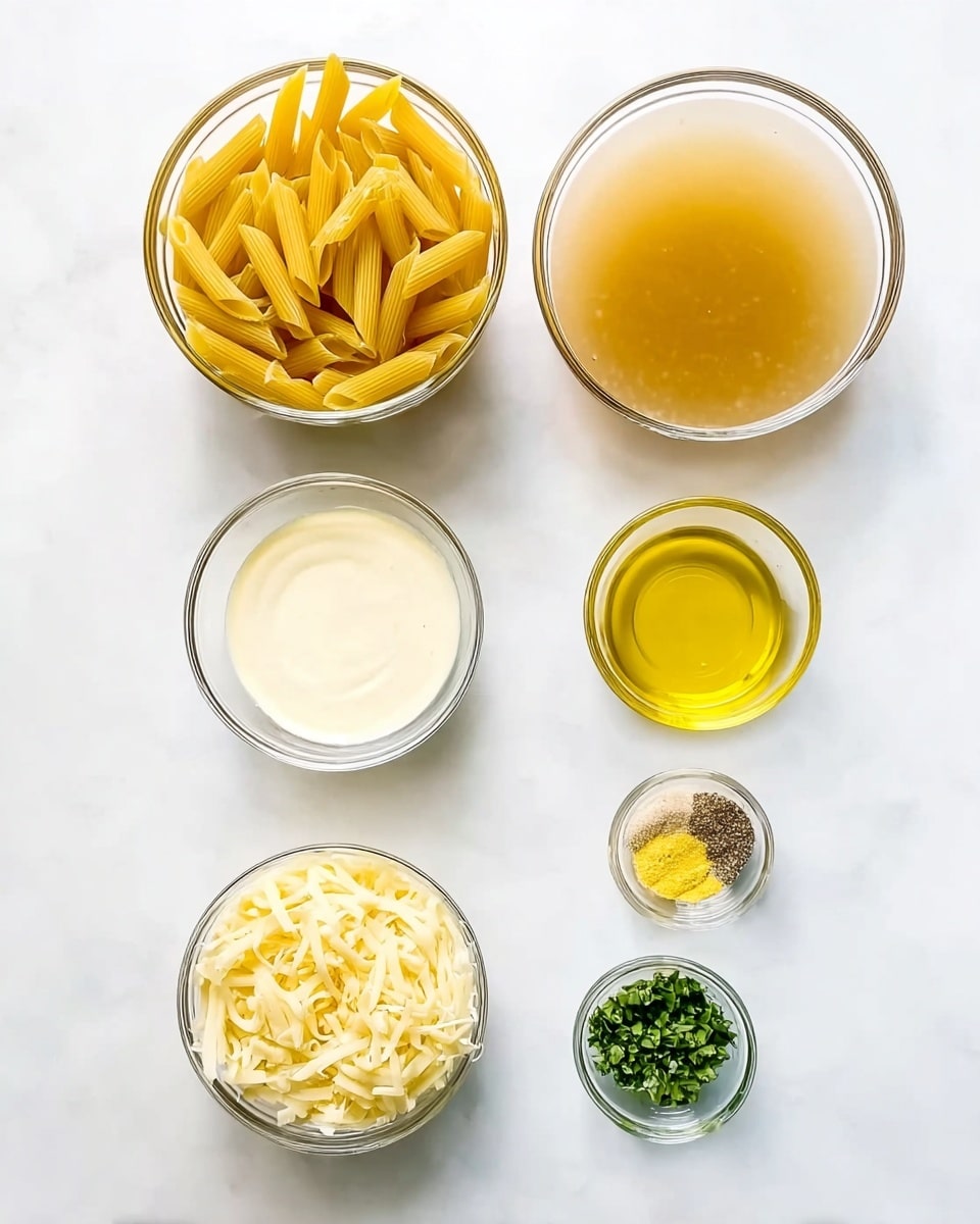 The image shows seven clear glass bowls arranged neatly on a white marbled surface. On the left, the top bowl contains uncooked yellow penne pasta with a smooth texture. Below it, a larger bowl holds light brown chicken broth, clear and slightly shiny. At the bottom left, a smaller bowl filled with white creamy ingredient, smooth and thick, completes the left column. On the right, from top to bottom, a small bowl with shredded white cheese with a soft texture, a small bowl with bright golden yellow oil that looks clear, a small bowl with finely chopped green herbs, another with small minced pale yellow garlic pieces, and the smallest bowl at the bottom with a small amount of ground black pepper. The bowls are evenly spaced and the image is bright and clean. Photo taken with an iphone --ar 4:5 --v 7