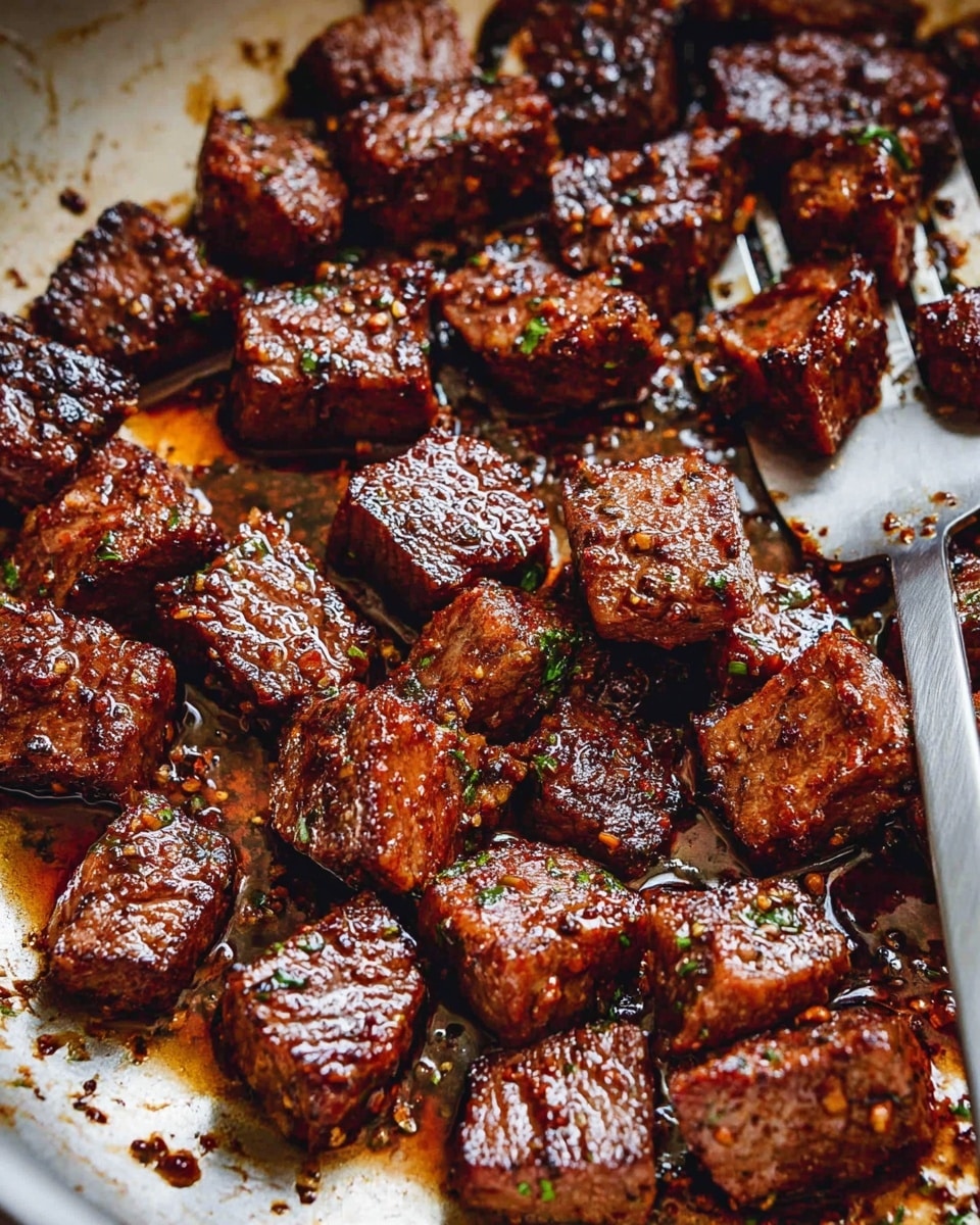 The image shows many small, browned pieces of cooked meat spread closely together in a pan, each piece square-shaped and richly coated with a dark, glistening sauce featuring hints of herbs and cracked black pepper. The meat has a slightly charred, crispy texture on the edges with juices pooling beneath, giving a glossy finish. A silver spatula is partially visible under some of the pieces, helping to move them around. The pan’s surface has a light browning from cooking, with some small bits and sauce residue scattered around. The background is a white marbled texture photo taken with an iphone --ar 4:5 --v 7