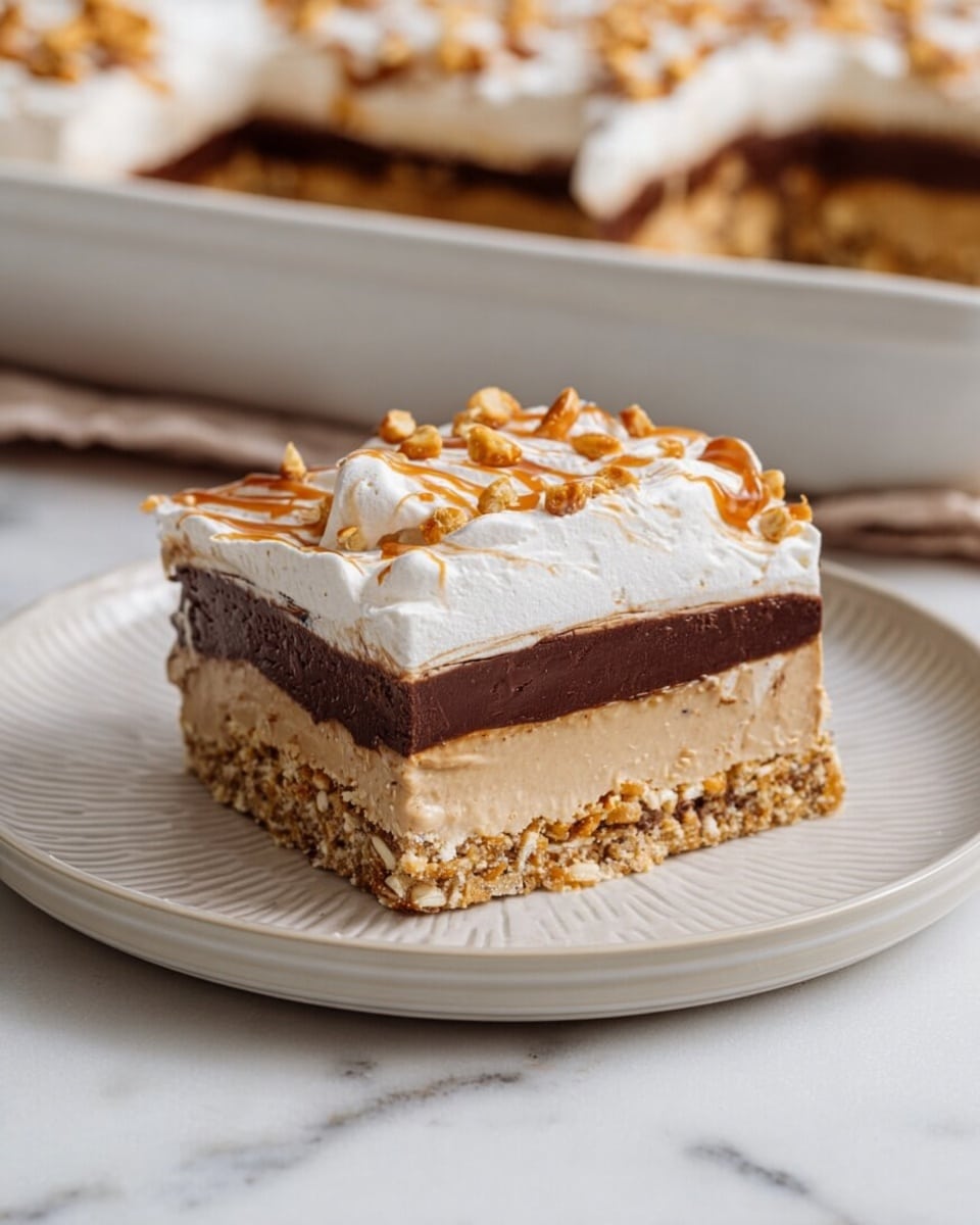 A square slice of a four-layer dessert sits on a round white plate with subtle ridges. The bottom layer is a crushed pretzel crust with a mix of light brown and golden pieces. Above that is a thick, creamy tan layer with a smooth texture. The third layer is a thinner, rich dark brown chocolate layer, slightly glossy. The top layer is fluffy white whipped cream, lightly swirled with ribbons of light brown caramel and scattered with small pretzel pieces. In the background, a larger tray with more dessert pieces is visible on a white marbled surface. Photo taken with an iphone --ar 4:5 --v 7