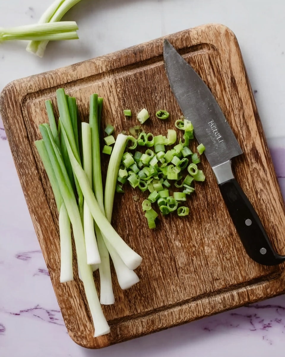 A wooden cutting board with a rough texture is placed on a white marbled surface. On the board, several green onions are arranged with the white parts on the left and the green parts sliced into small round pieces scattered in the middle. A large knife with a shiny blade and black handle rests on the right side of the cutting board. The background is white marbled, and a woman's hand with a neutral skin tone can be seen partially in the top left corner holding a piece of green onion. photo taken with an iphone --ar 4:5 --v 7